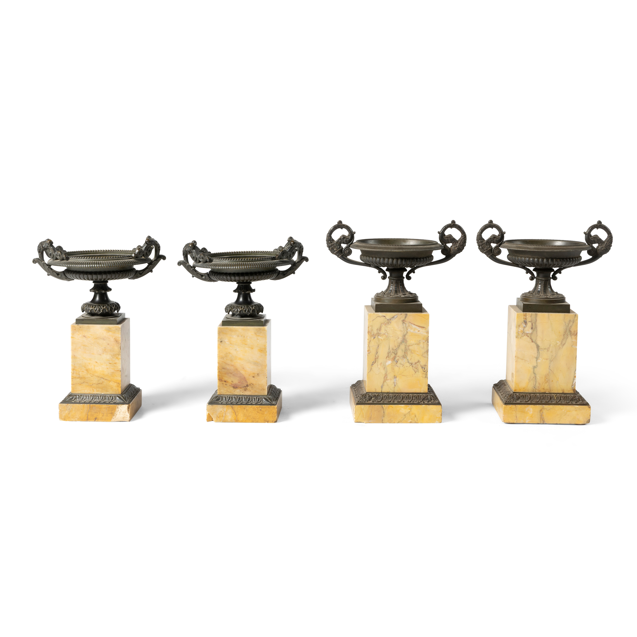 A PAIR OF FRENCH BRONZE AND SIENNA MARBLE TAZZAE