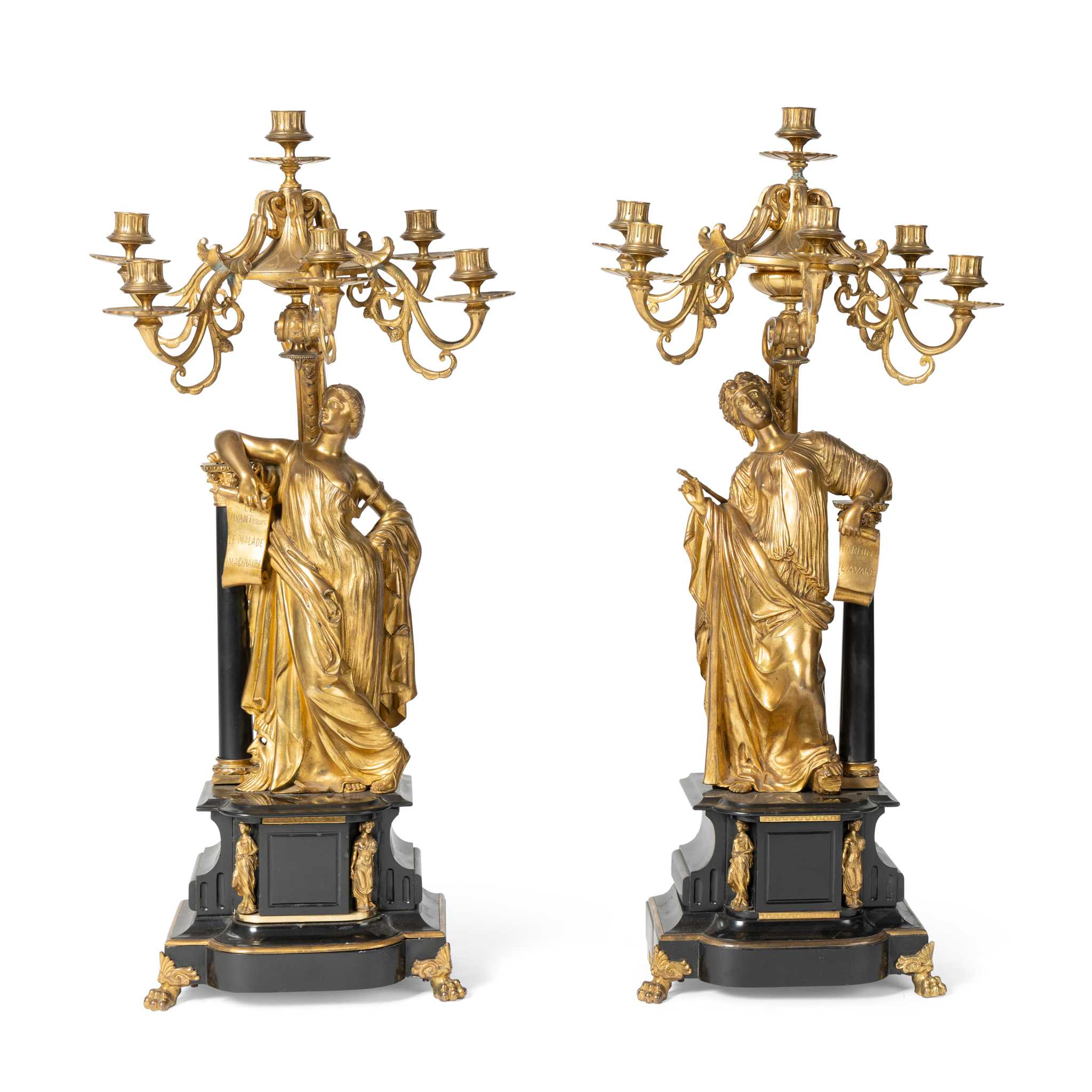 A PAIR OF GILT BRONZE AND BLACK SLATE CANDELABRA