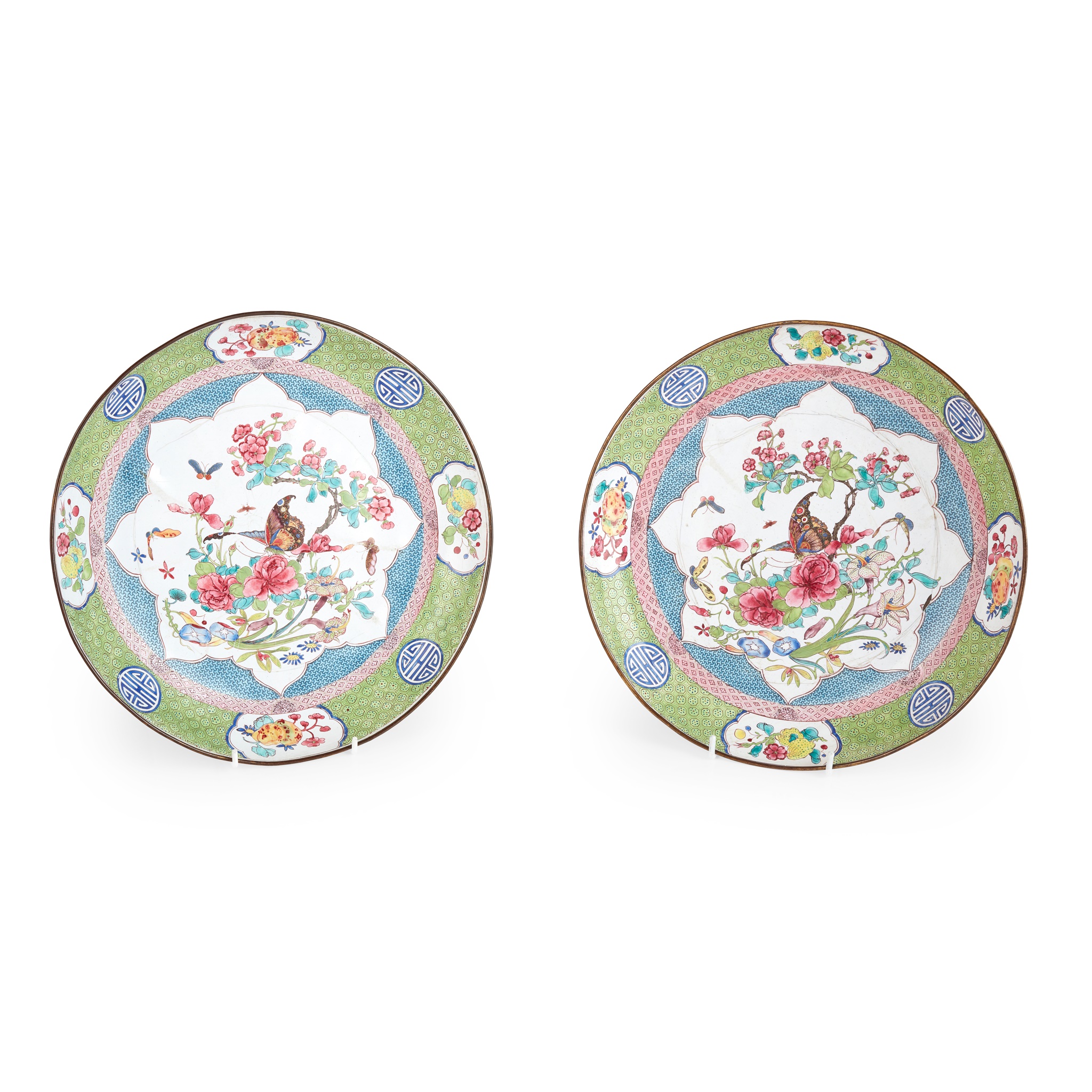 PAIR OF PAINTED CANTON ENAMEL 'FLOWERS AND BUTTERFLIES' PLATES
