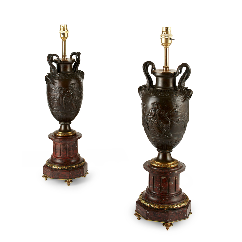 PAIR OF FRENCH BARBEDIENNE BRONZE URNS, AFTER CLODION