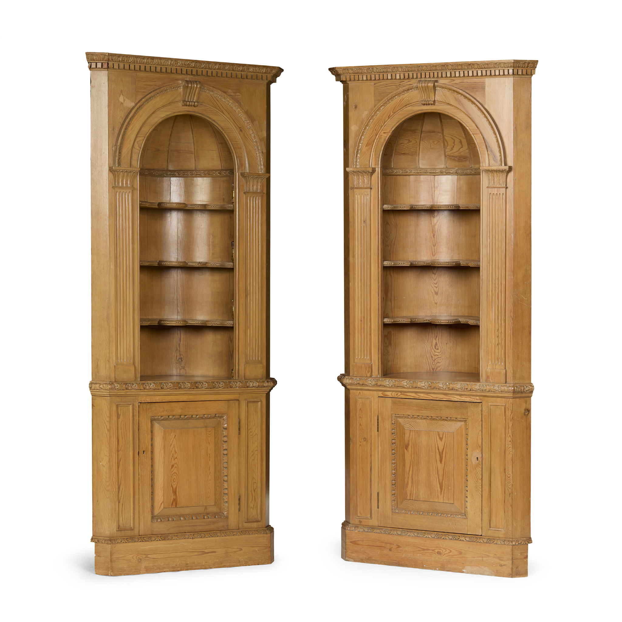 PAIR OF GEORGIAN STYLE STRIPPED PINE CORNER CUPBOARDS