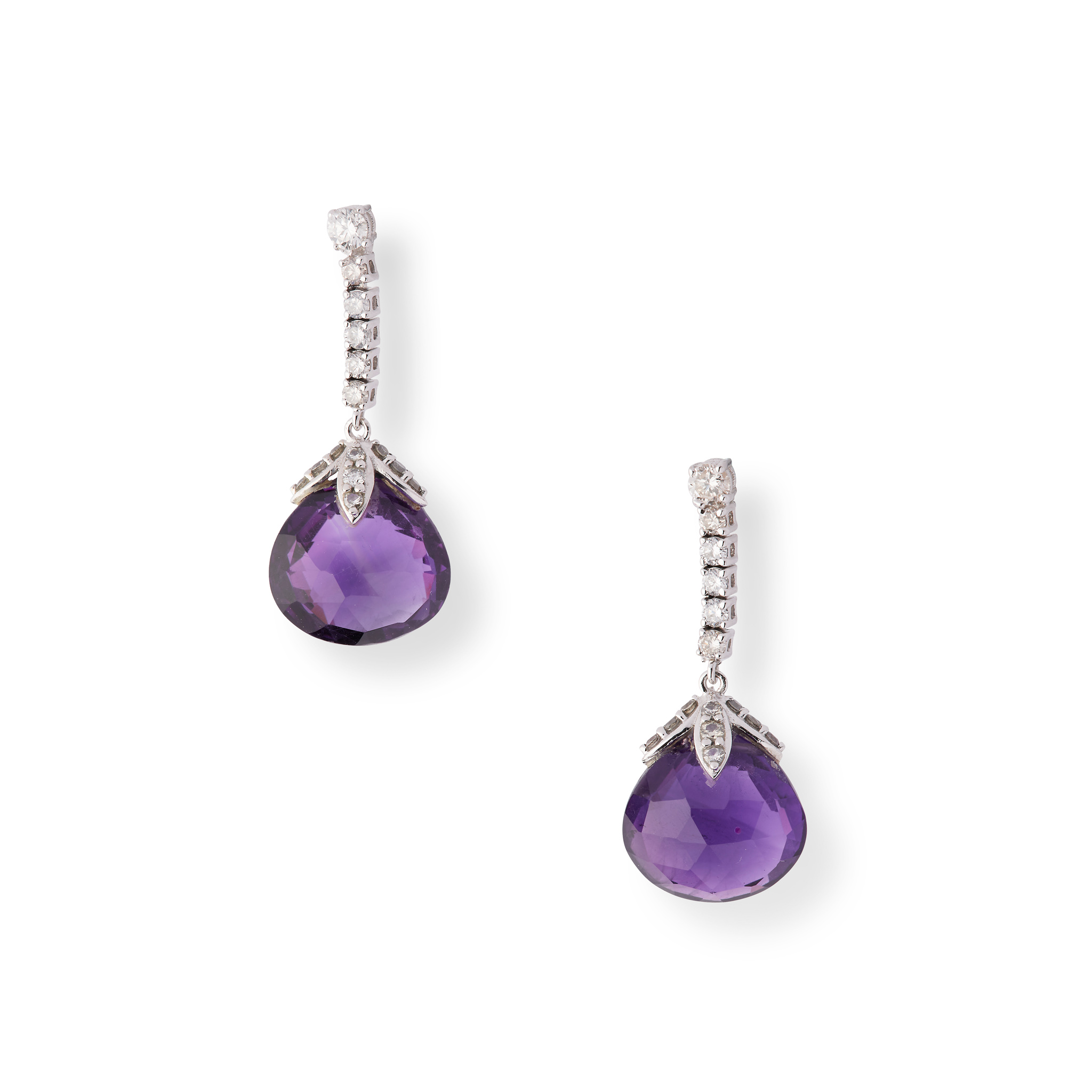A pair of amethyst and diamond pendent earrings