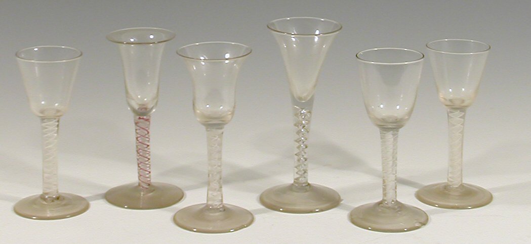 A collection of six opaque and airtwist stem wine glasses,