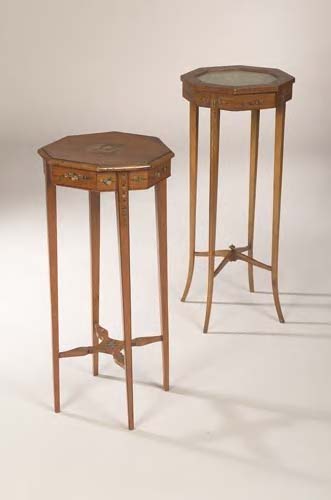 Two Edwardian satinwood and painted octagonal occasional tables,