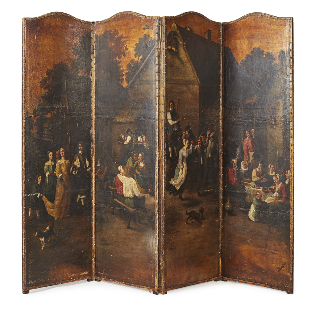 PAINTED LEATHER FOUR-FOLD SCREEN