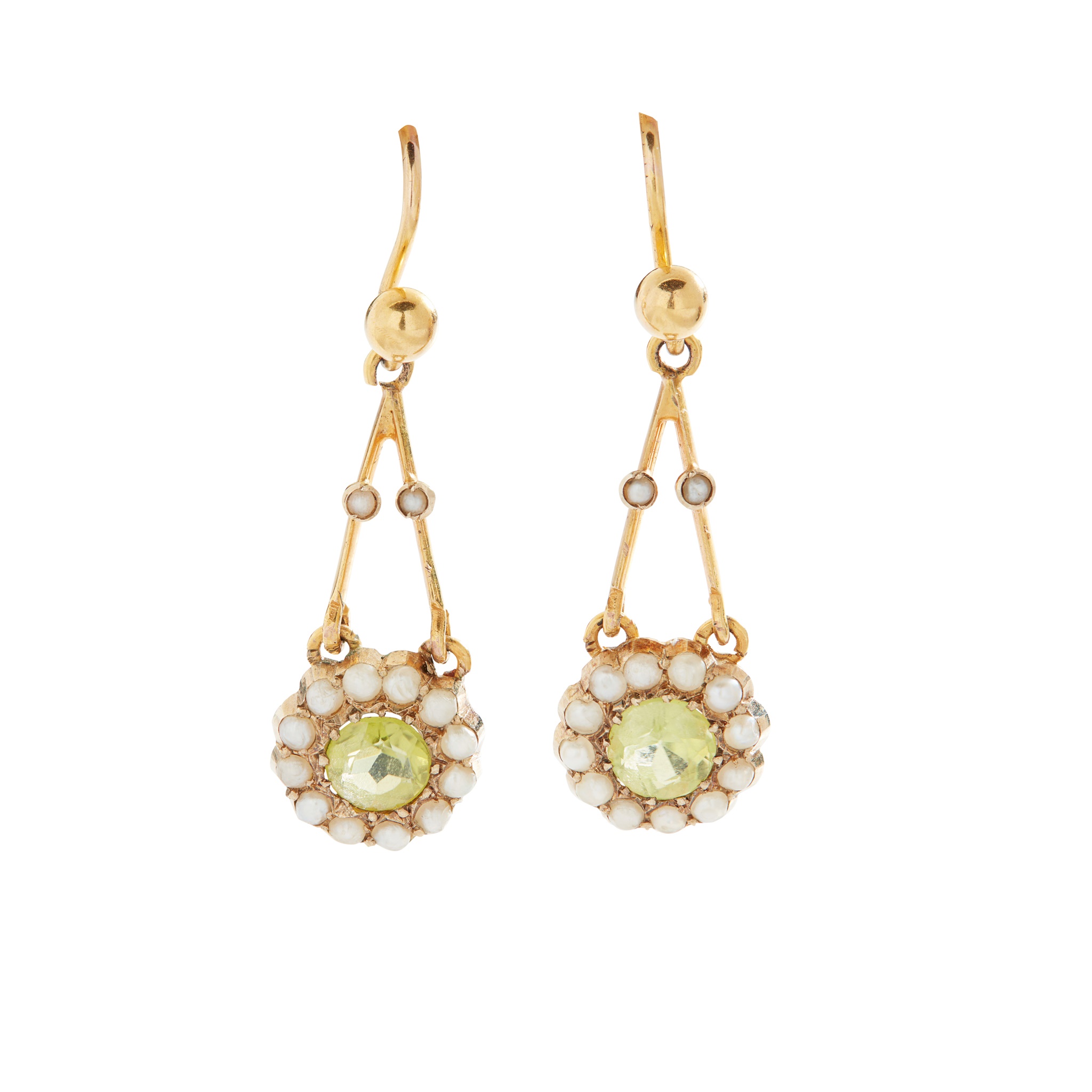 A pair of peridot and pearl pendent earrings