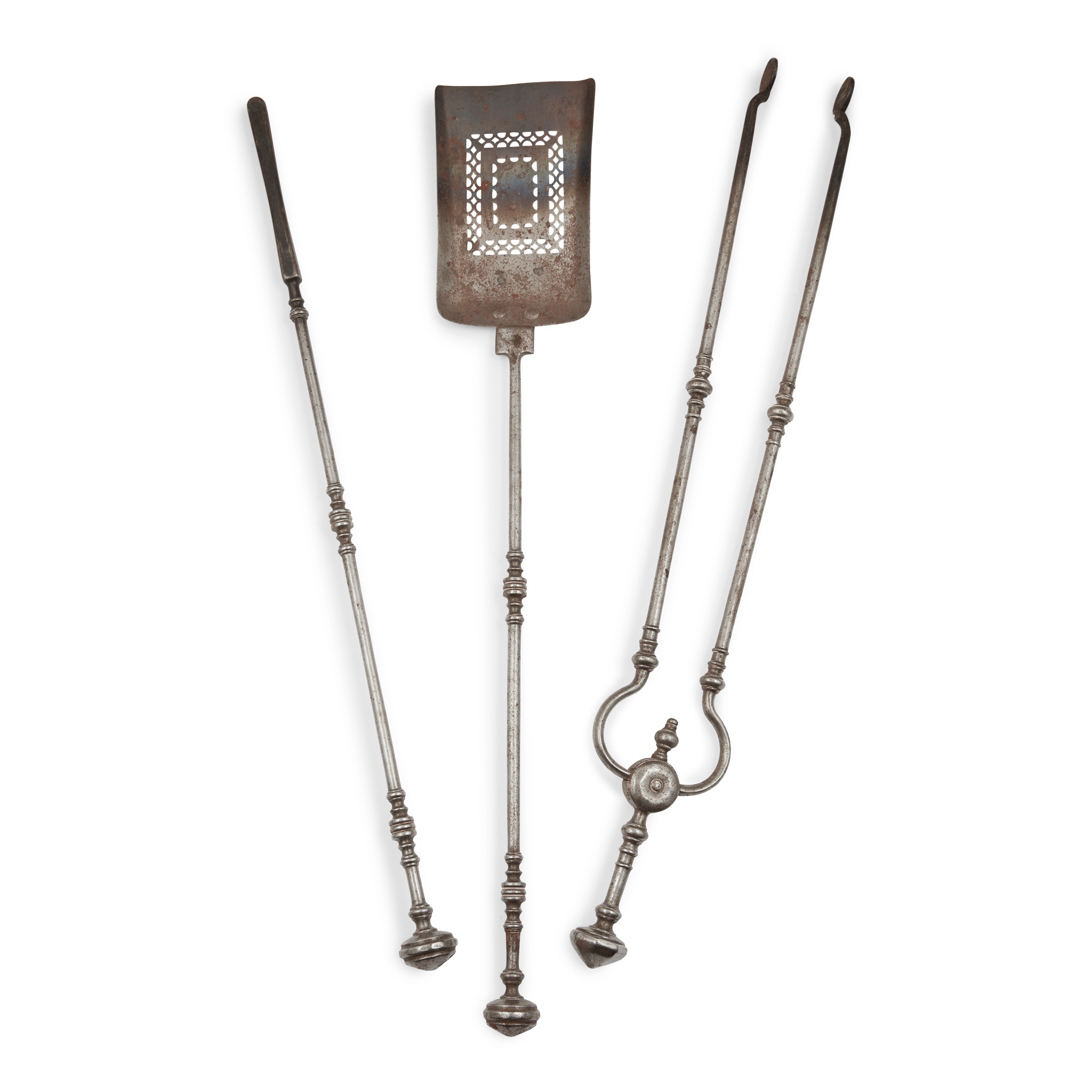SET OF STEEL FIRE TOOLS AND ANDIRONS