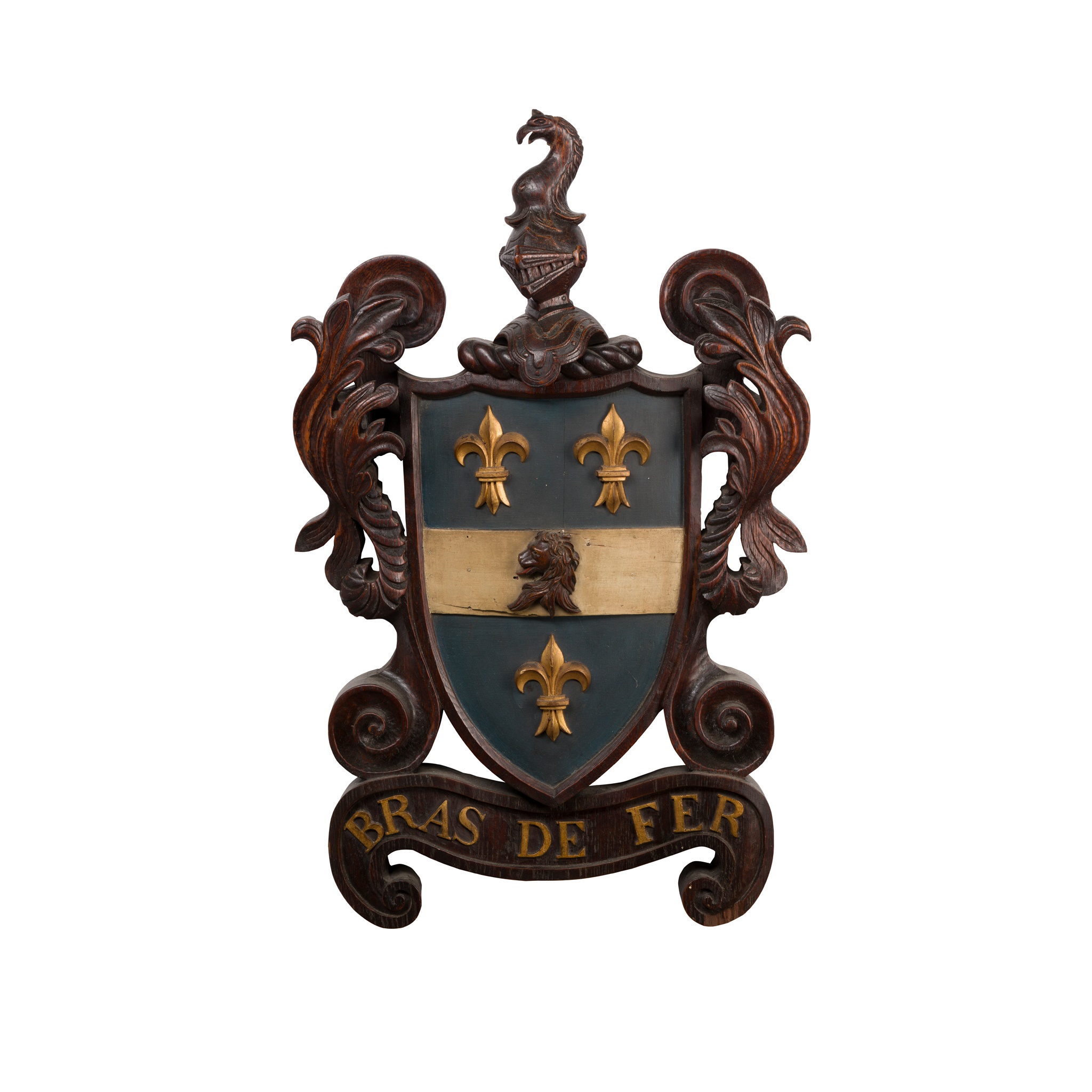 CARVED AND PAINTED WOOD ARMORIAL PLAQUE