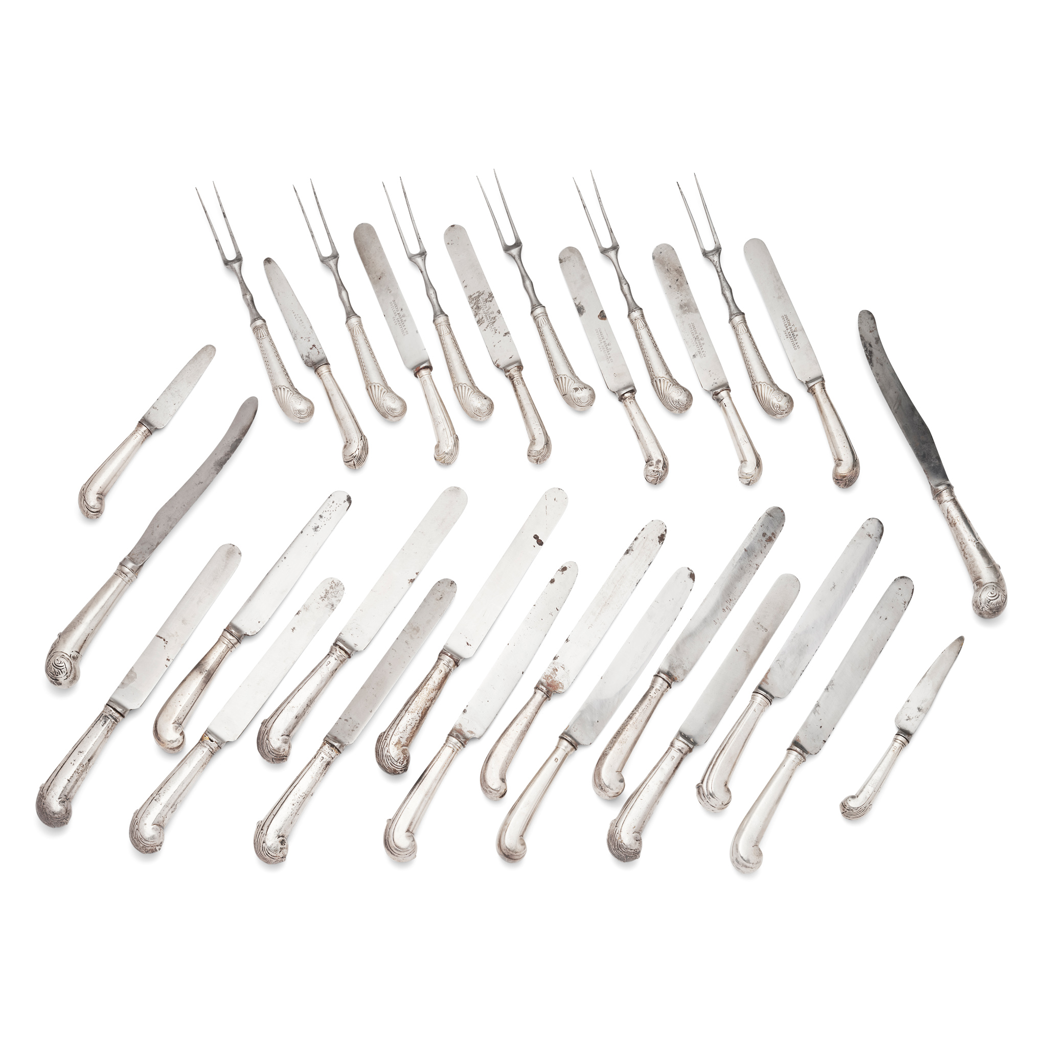 A GROUP OF EARLY 19TH CENTURY SILVER HANDLED KNIVES AND FORKS