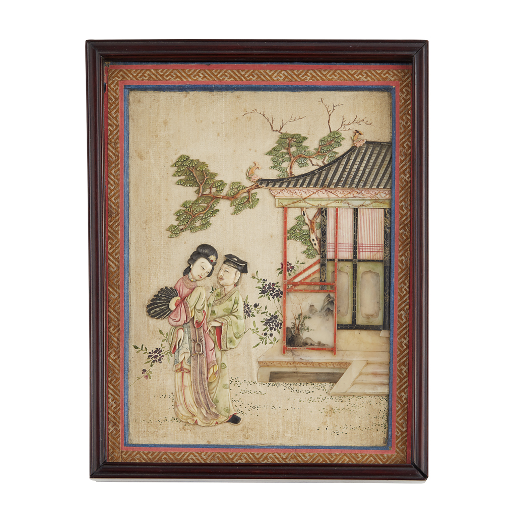 RARE SET OF FOUR SOAPSTONE INLAID 'STORY OF THE WESTERN WING' PANELS