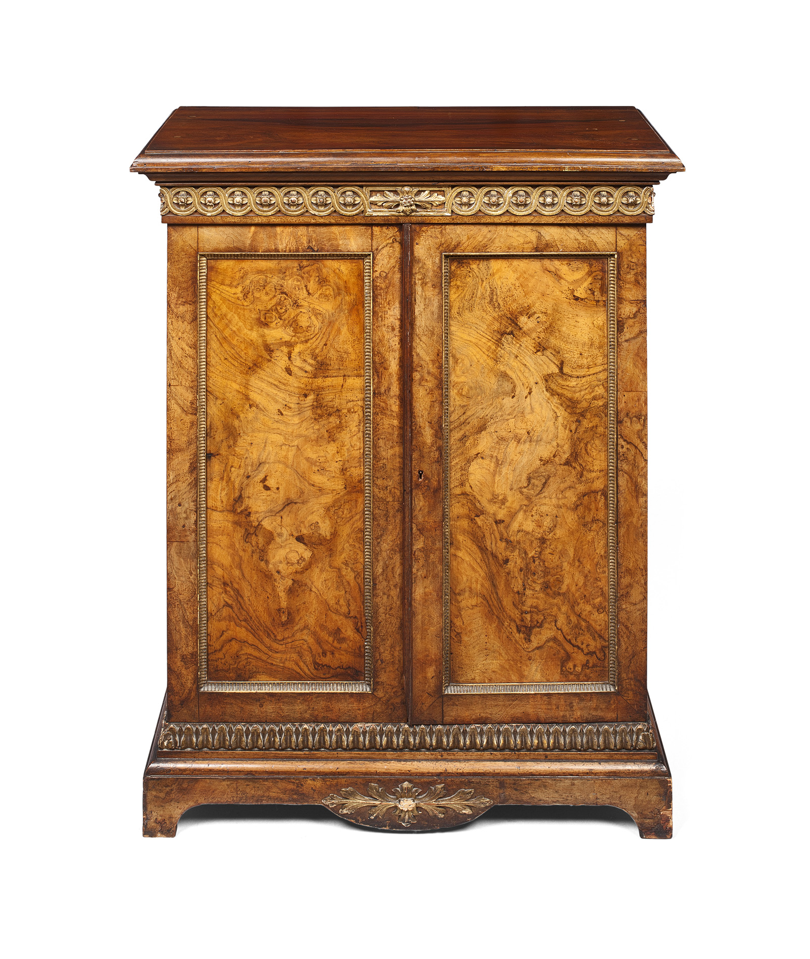 GEORGE II STYLE BURR WALNUT AND PARCEL GILT SIDE CABINET