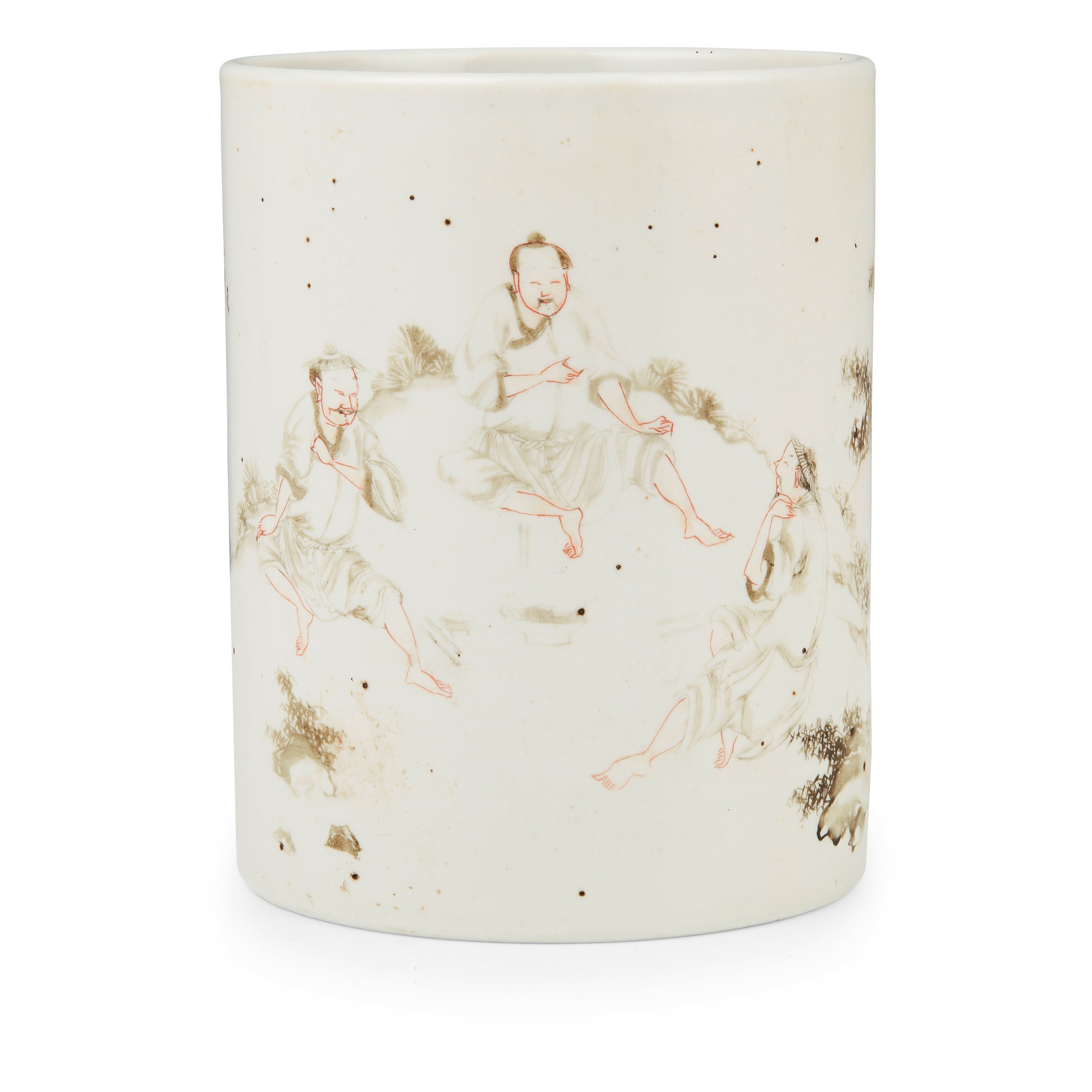 GRISAILLE AND IRON-RED DECORATED 'FISHERMEN' BRUSH POT