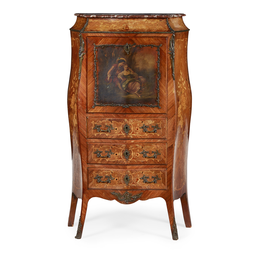FRENCH KINGWOOD, MARQUETRY AND VERNIS MARTIN SECRETAIRE A ABBATANT