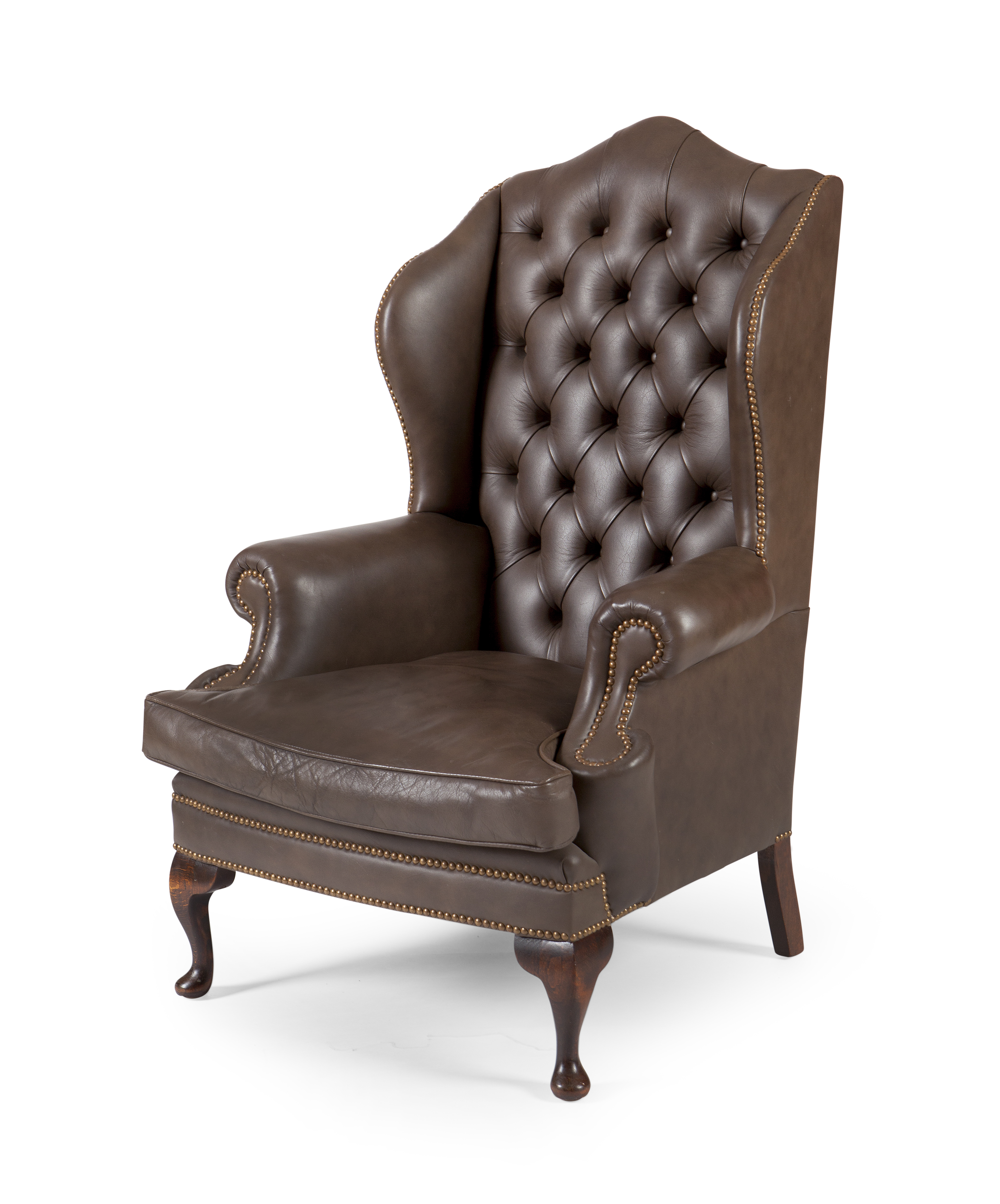 GEORGE III STYLE BEECH AND LEATHER UPHOLSTERED WING ARMCHAIR