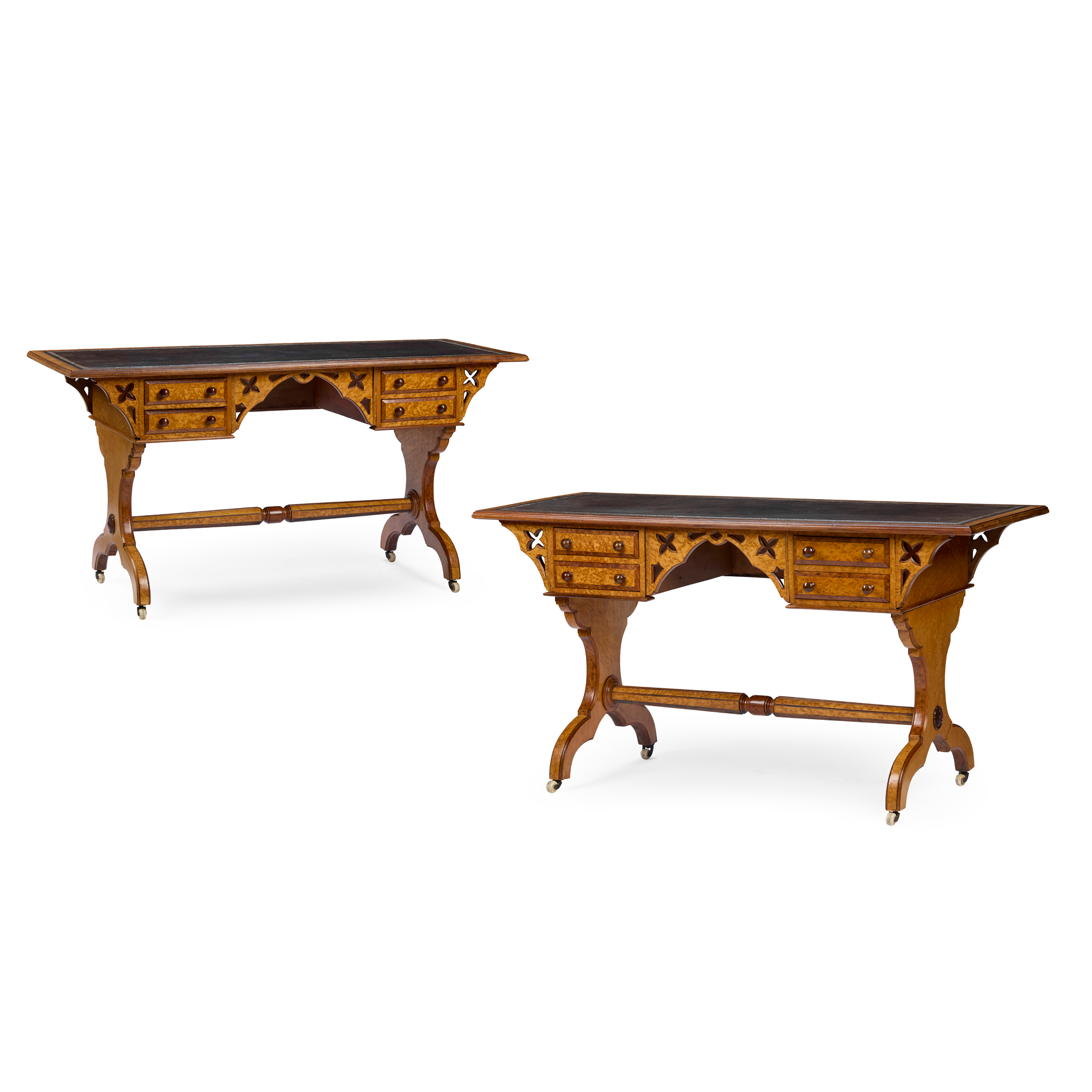 PAIR OF SCANDINAVIAN BIRD'S EYE MAPLE REFORMED GOTHIC LIBRARY TABLES