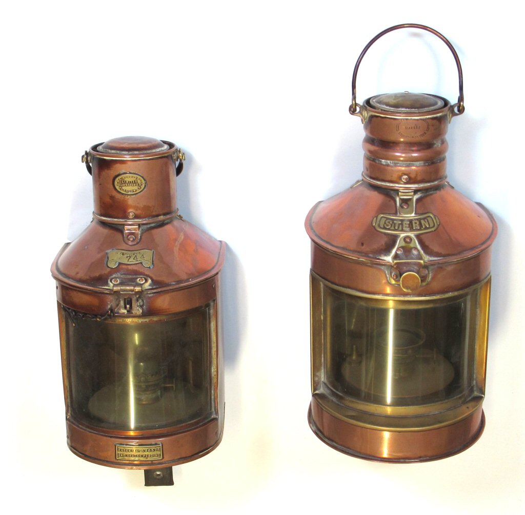 TWO COPPER AND BRASS MOUNTED SHIPS LAMPS