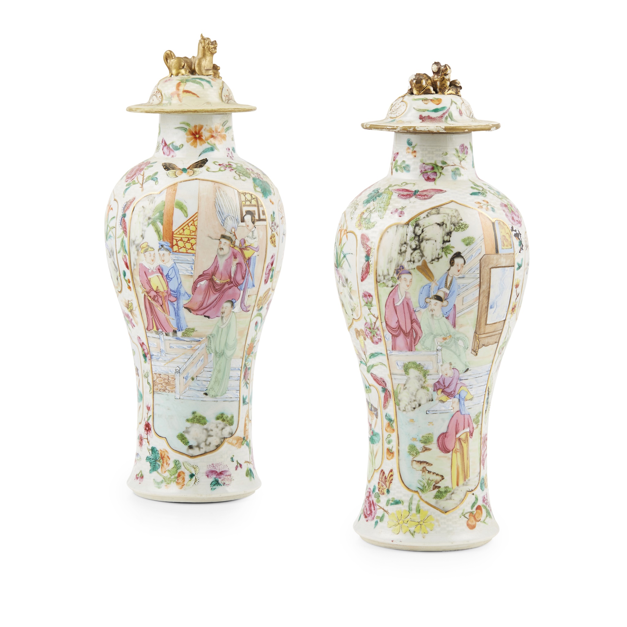 PAIR OF CANTON FAMILLE ROSE VASES AND COVERS
