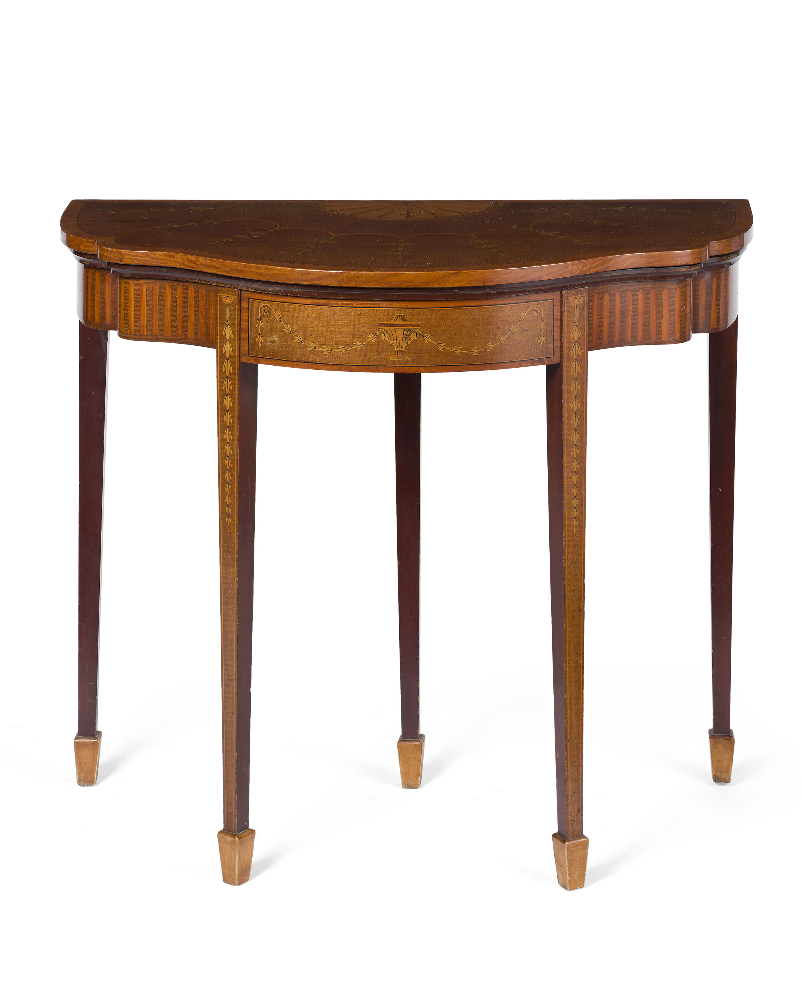 LATE GEORGE III SATINWOOD AND MAHOGANY INLAID FOLDOVER CARD TABLE