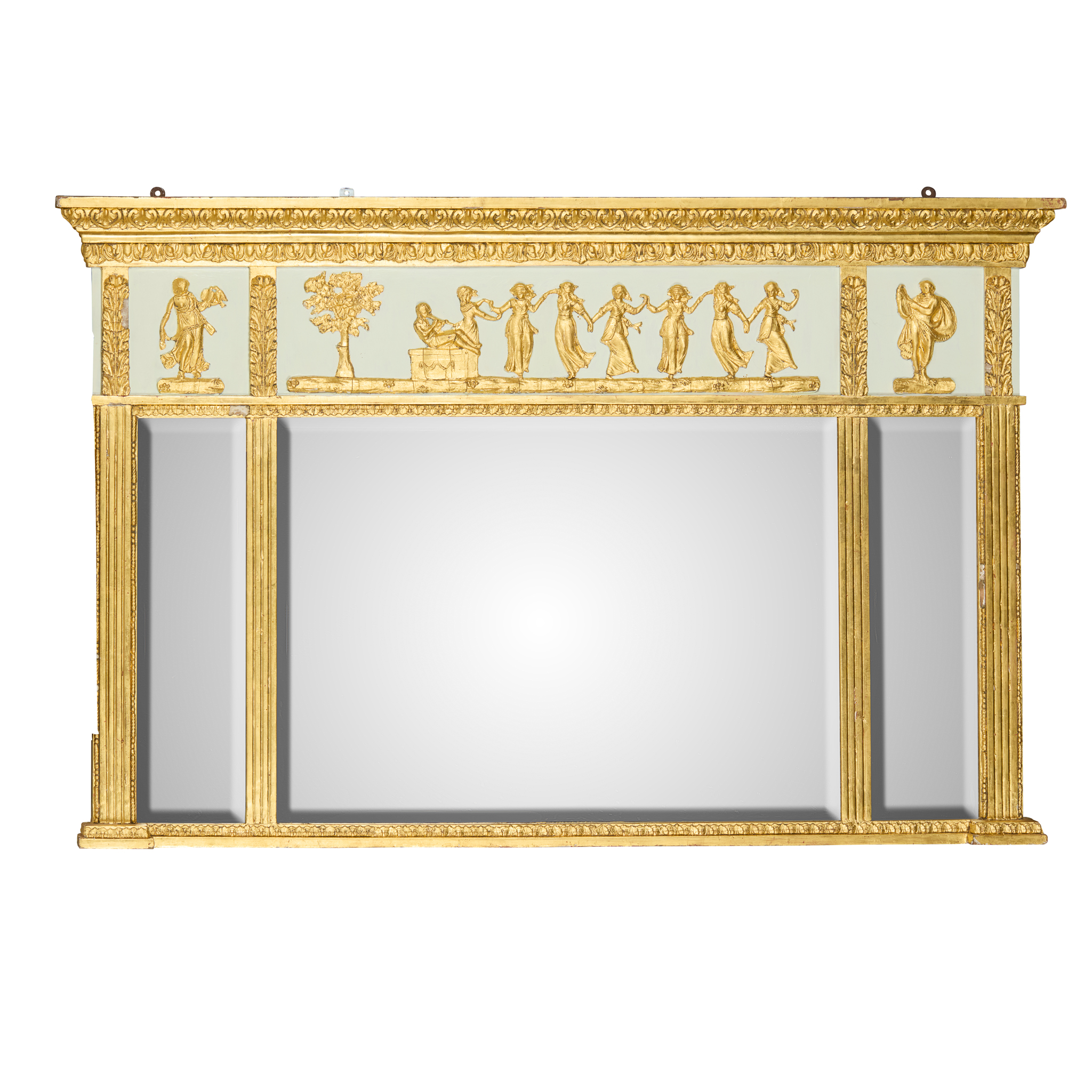 LATE REGENCY PAINTED AND GILT TRIPLE PLATE OVERMANTEL MIRROR