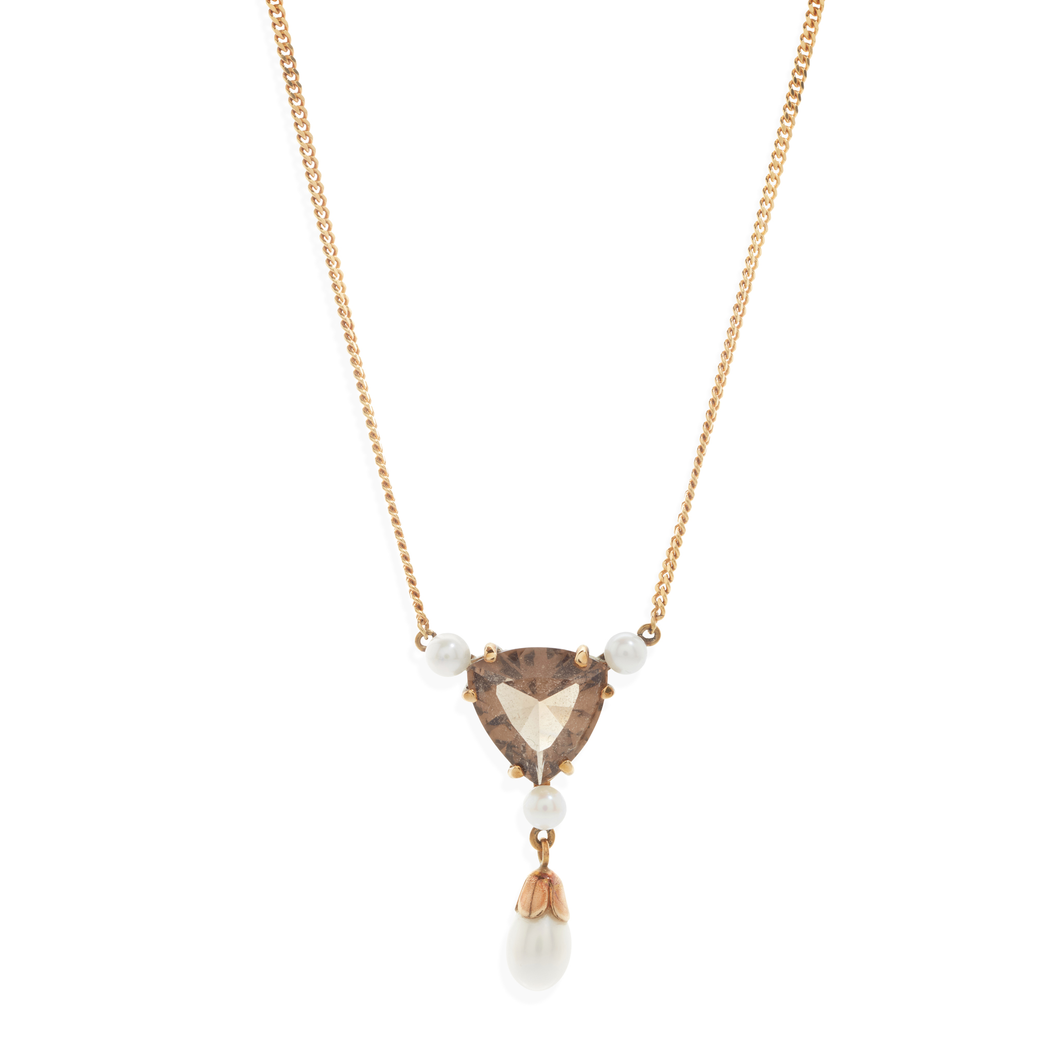 Cairncross of Perth: A 9ct gold Scottish pearl and smoky quartz pendant