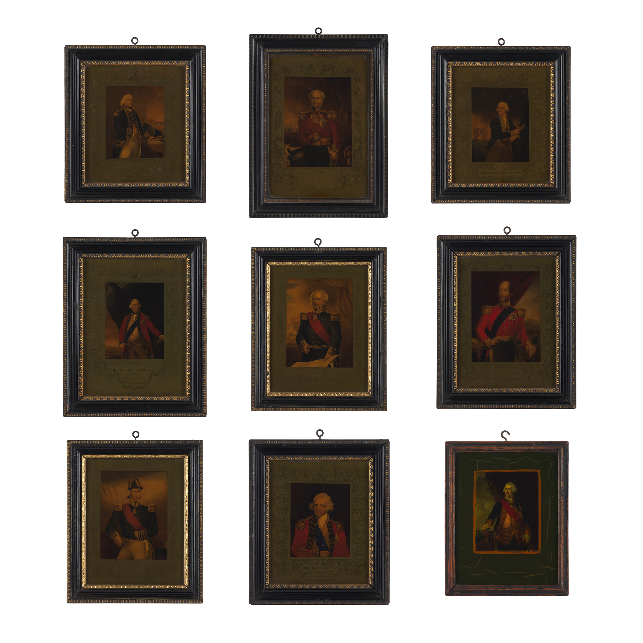 COLLECTION OF NINE HAND-COLOURED PRINTS ON GLASS OF MILITARY PORTRAITS
