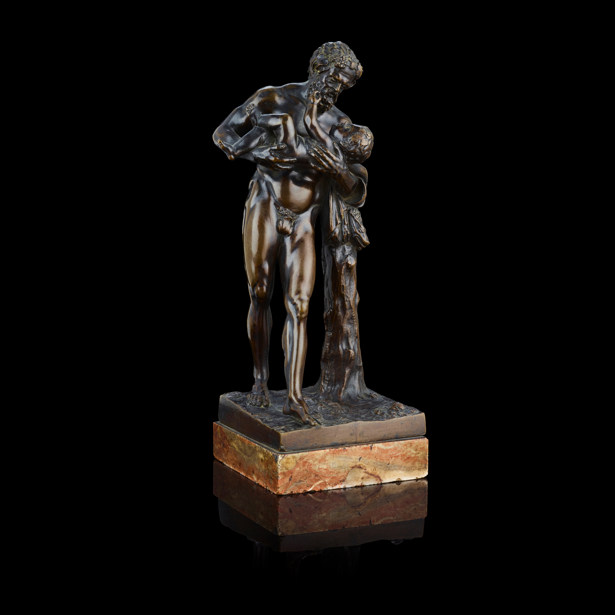 AN ITALIAN BRONZE FIGURE GROUP OF SILENUS AND THE INFANT BACCHUS, AFTER THE ANTIQUE