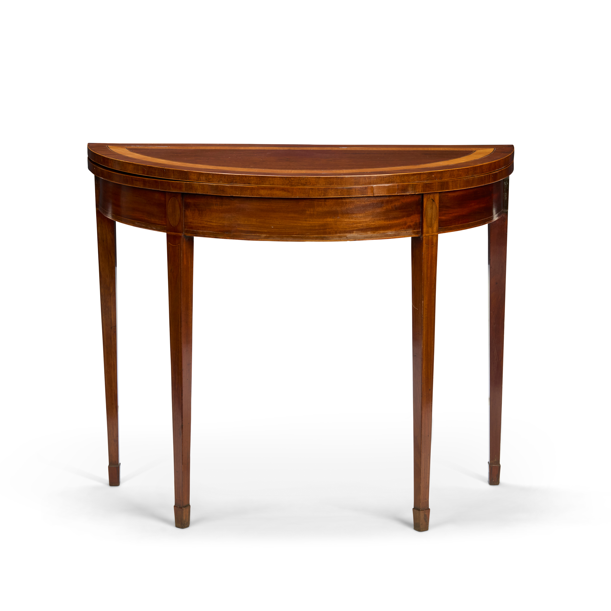 GEORGE III MAHOGANY AND SATINWOOD DEMI-LUNE TEA TABLE