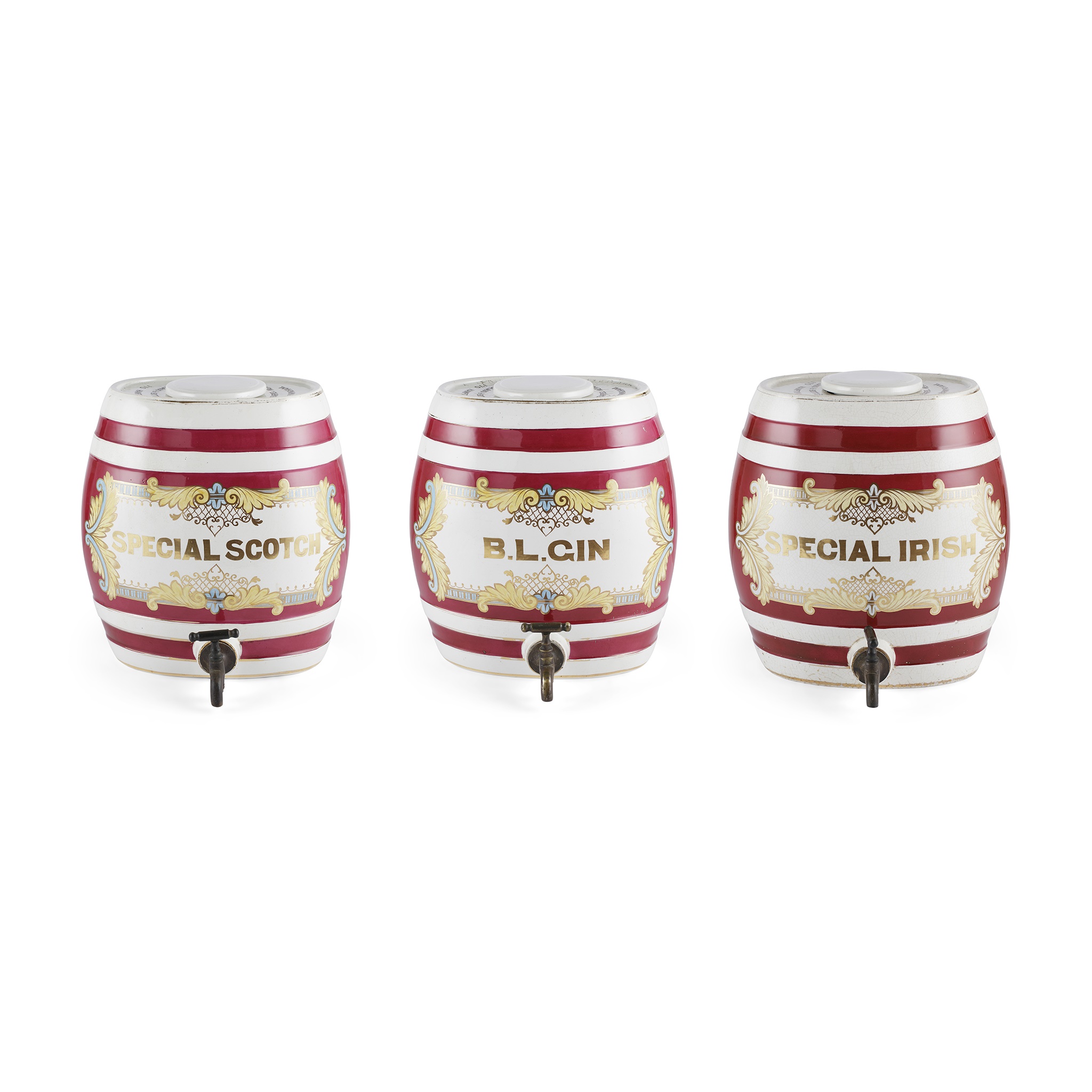 THREE VICTORIAN CERAMIC BARREL DISPENSERS