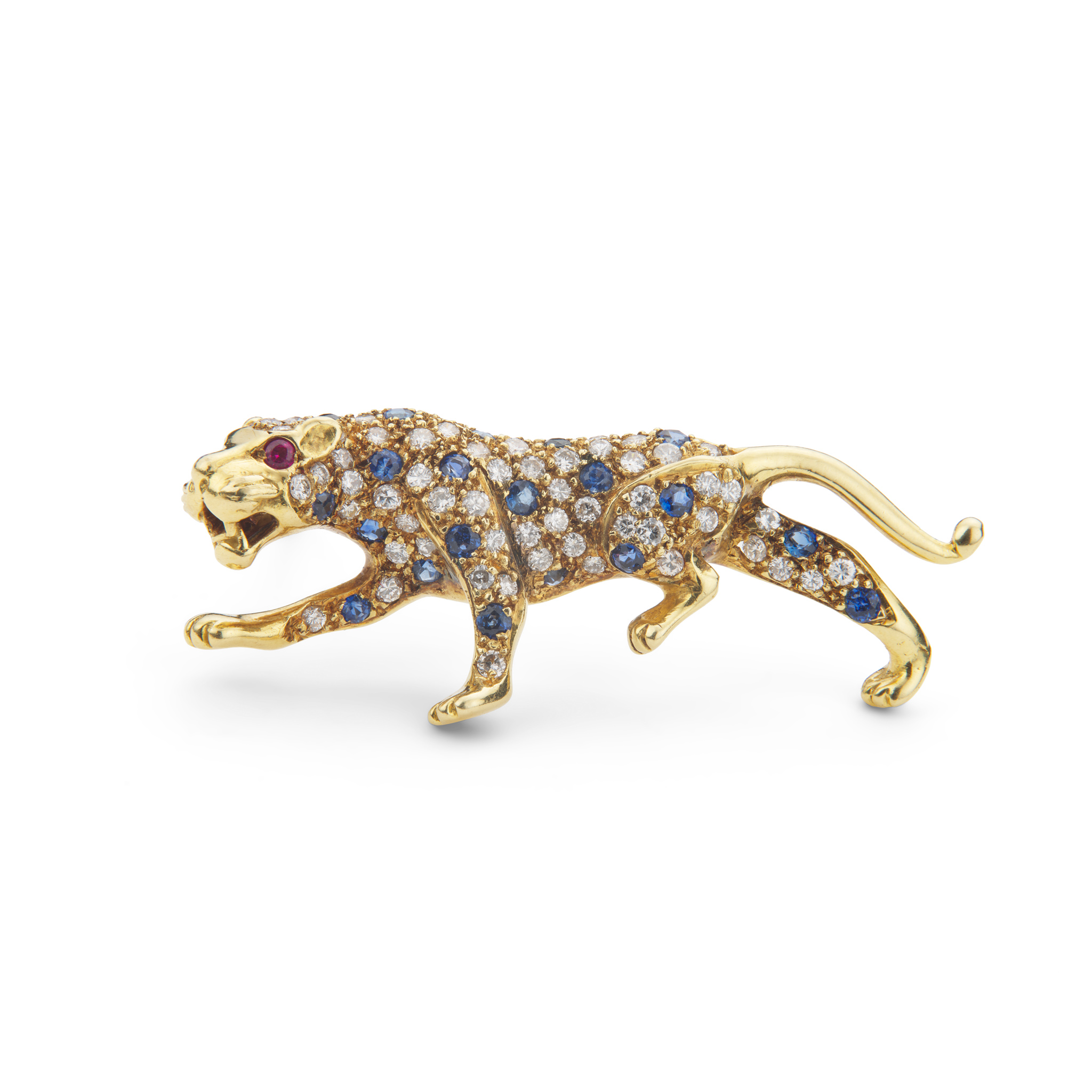 A gold, sapphire and diamond leopard brooch
