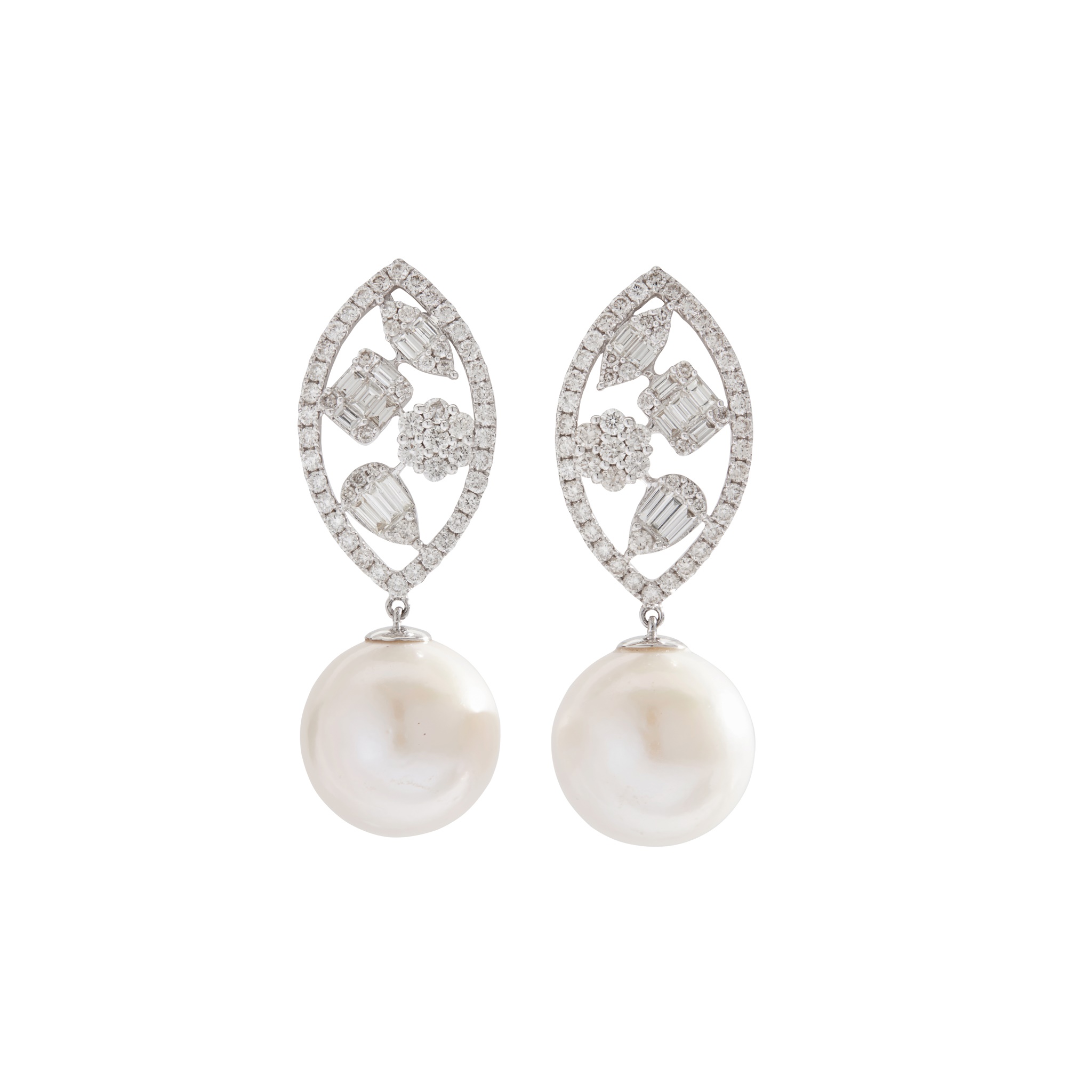 A pair of pearl and diamond earrings