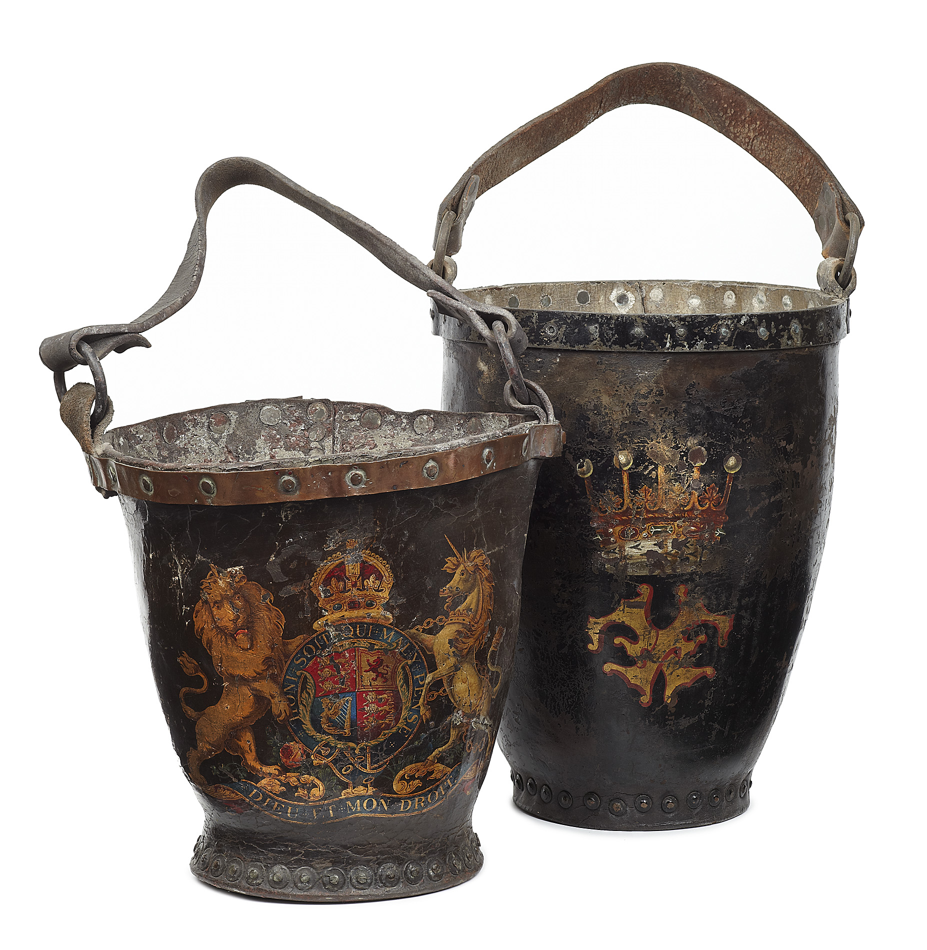 TWO GEORGIAN PAINTED LEATHER FIRE BUCKETS