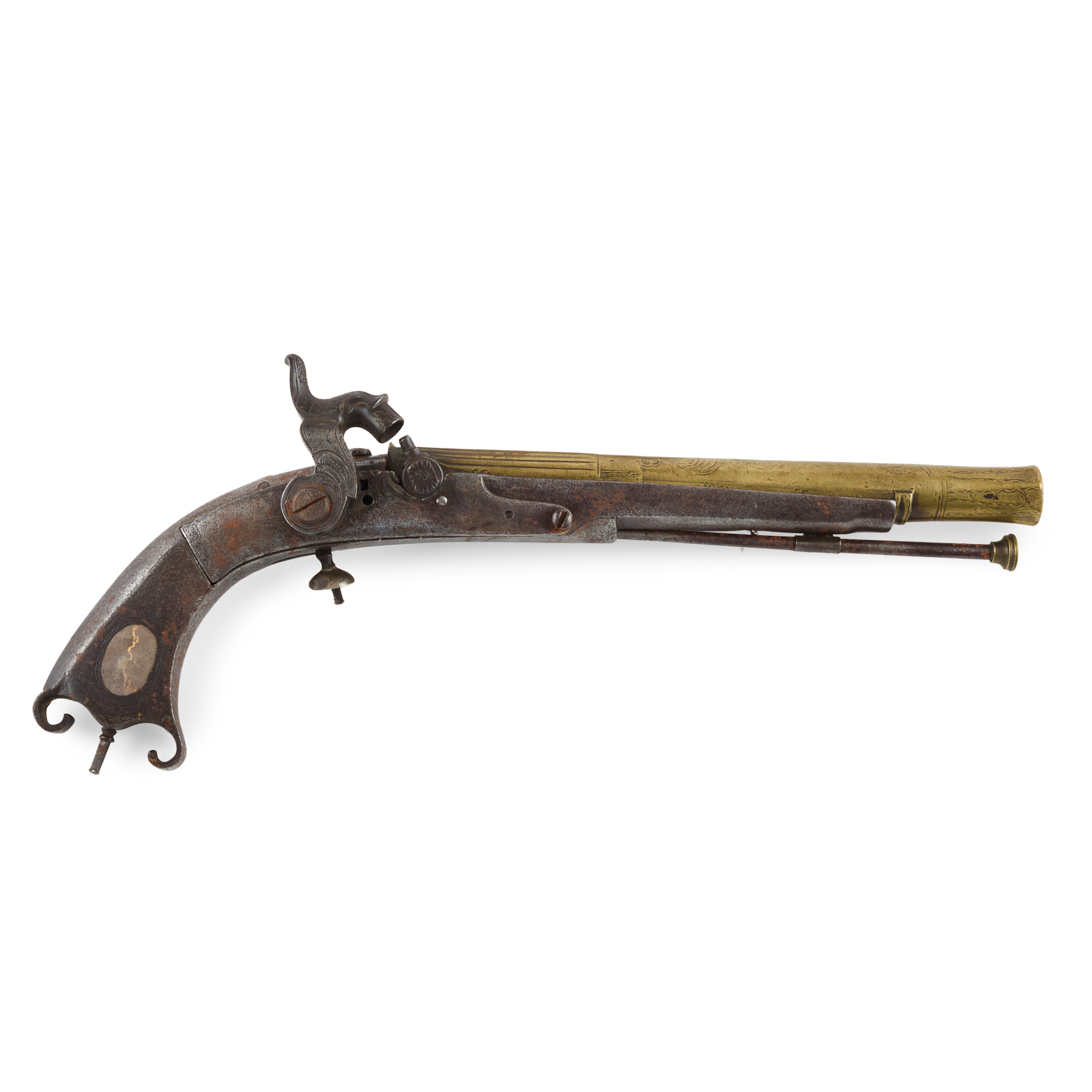 AN EARLY 18TH CENTURY SCOTTISH FLINTLOCK ALL METAL SCROLL BUTT BELT PISTOL,