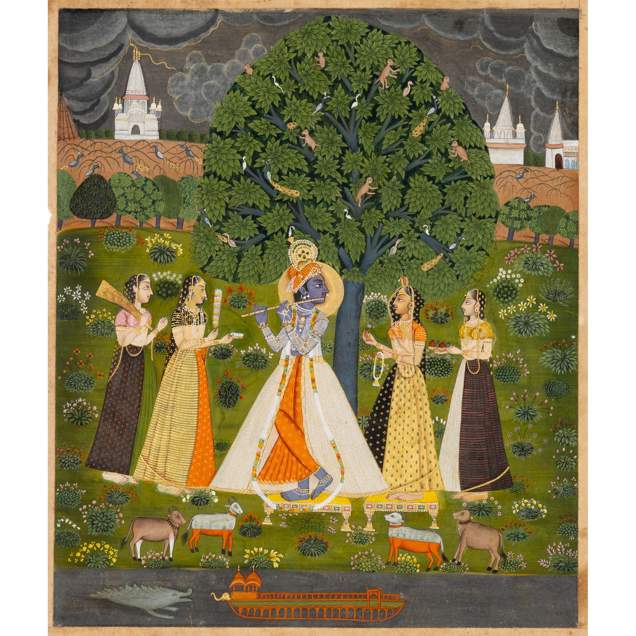 KRISHNA PLAYING THE FLUTE TO THE GOPIES UNDER A TREE