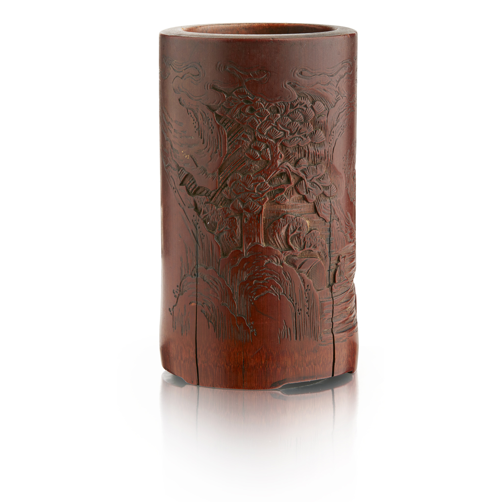 WELL-CARVED AND INSCRIBED BAMBOO BRUSHPOT