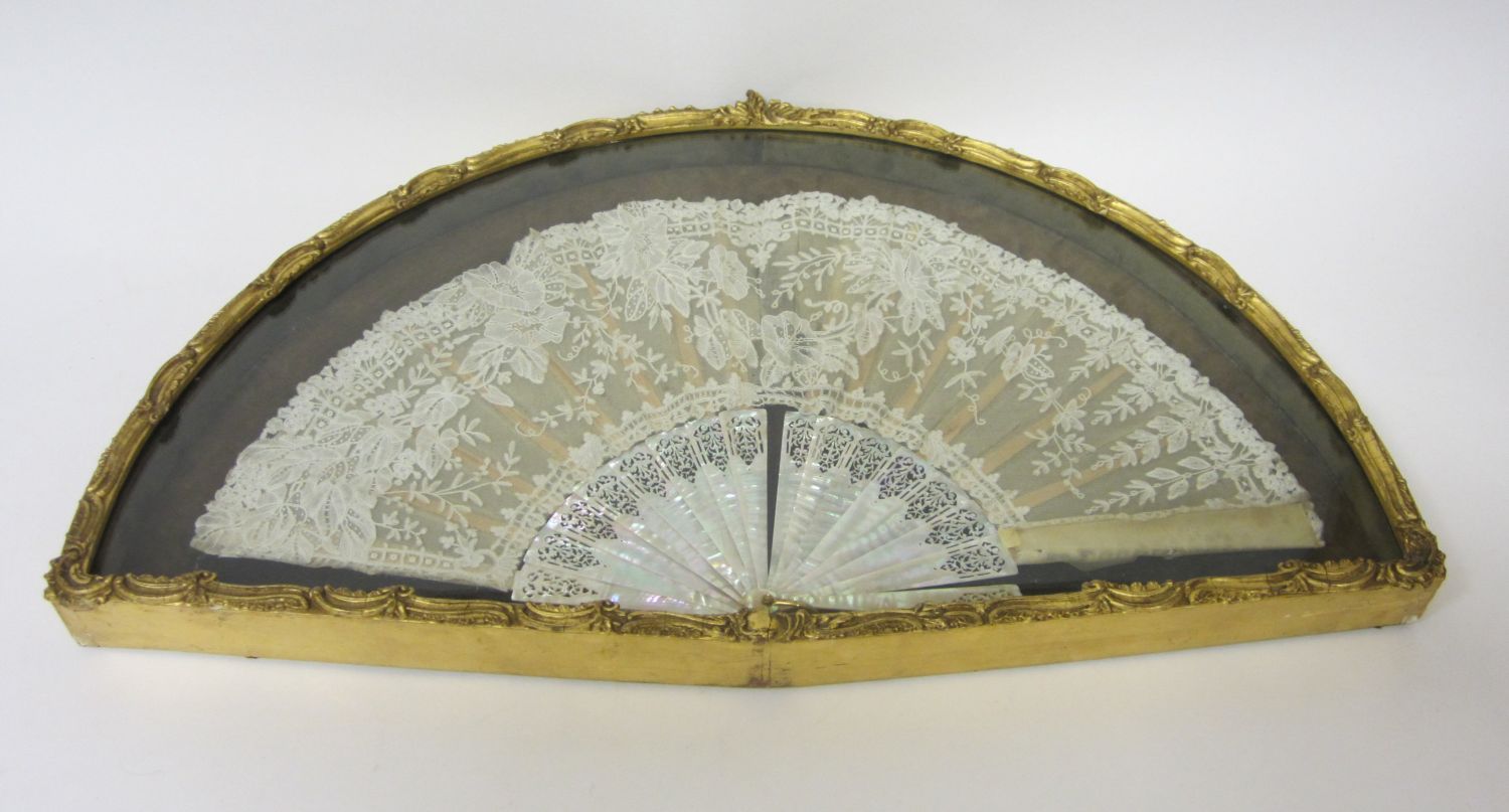GROUP OF THREE MOTHER-OF-PEARL MOUNTED FANS