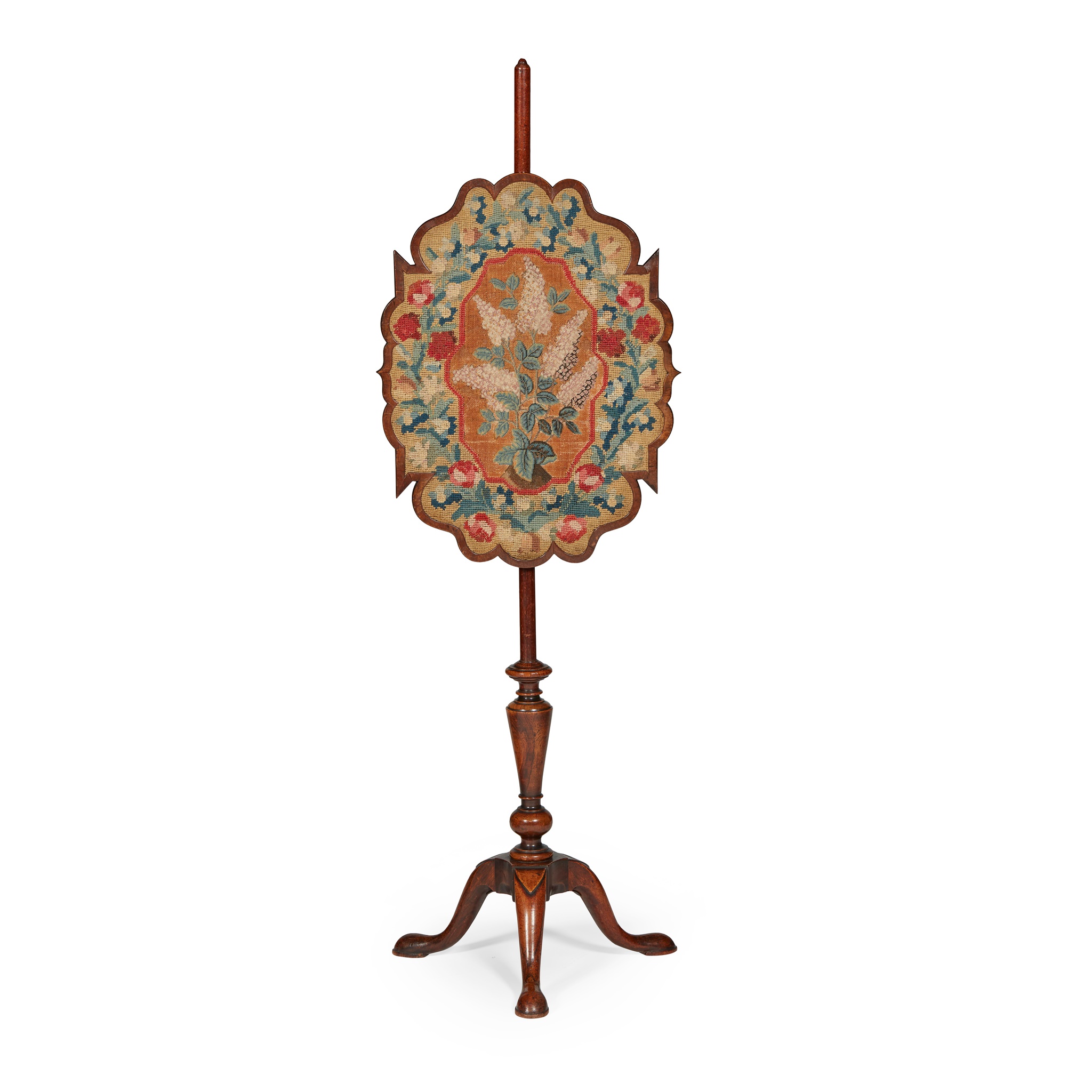 LATE GEORGE II WALNUT AND NEEDLEWORK POLE SCREEN