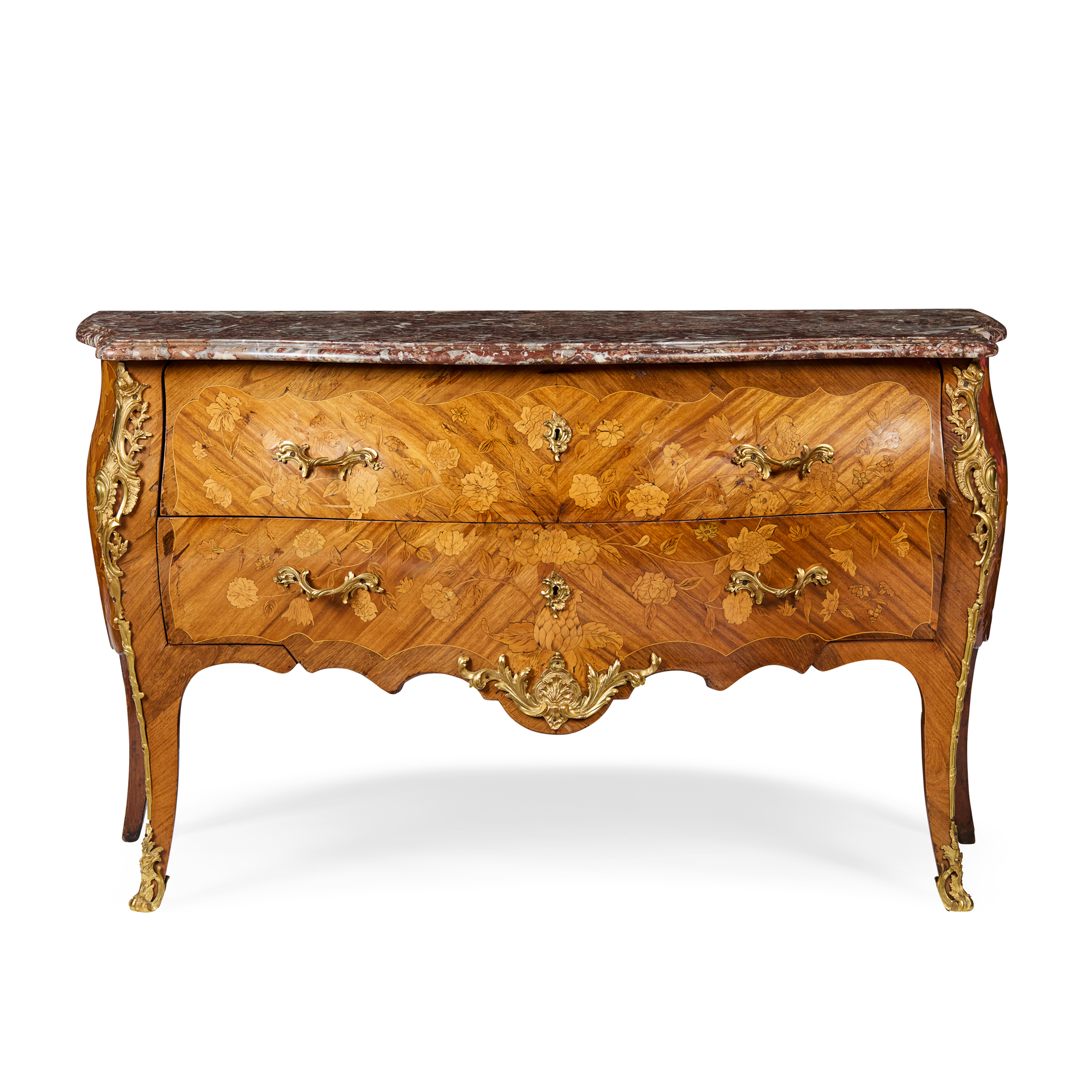 LOUIS XV STYLE KINGWOOD AND MARQUETRY MARBLE TOPPED COMMODE