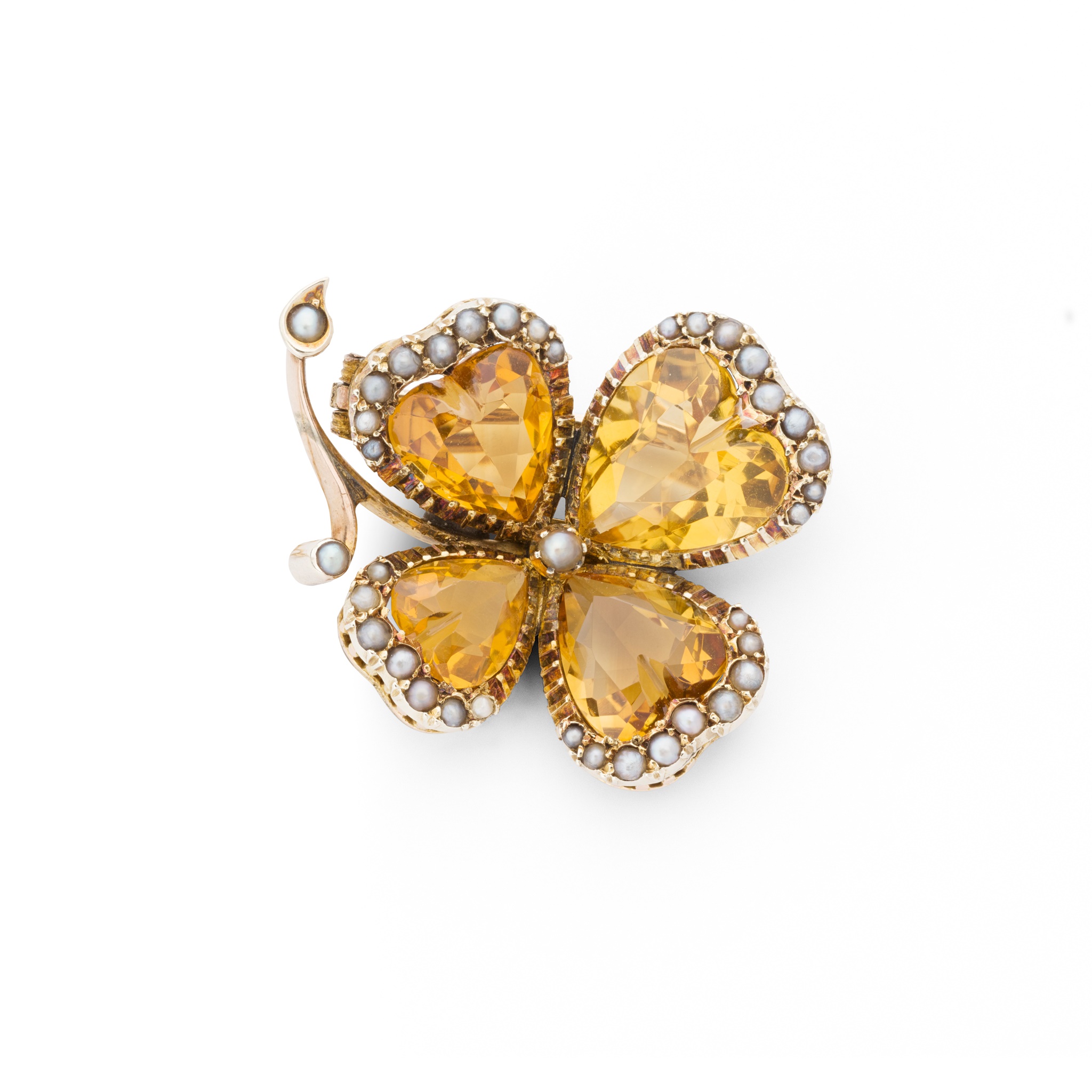 A citrine and pearl pansy brooch