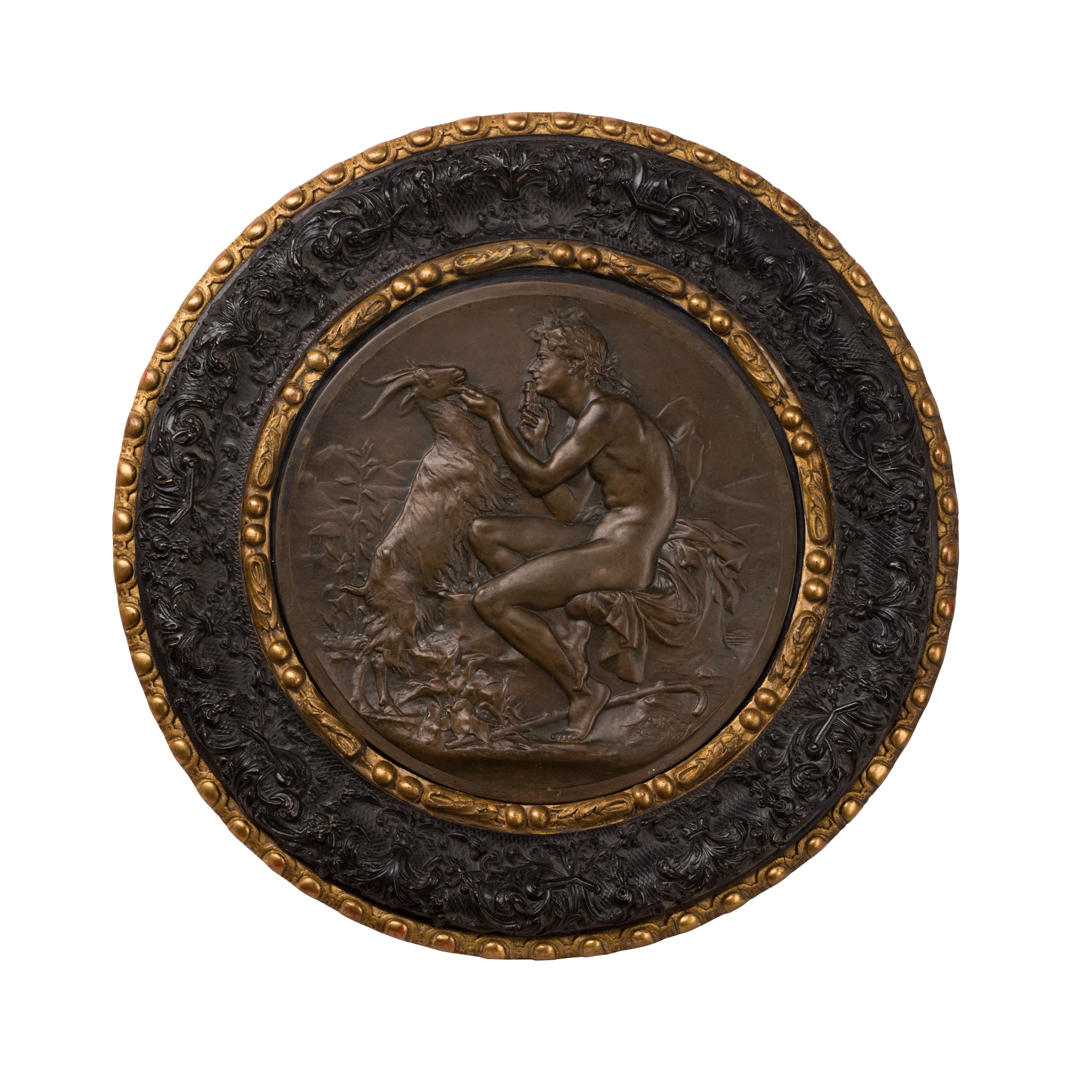 AFTER HENRI AUGUSTE PATEY, BRONZE RELIEF ROUNDEL OF BACCHUS AND GOAT