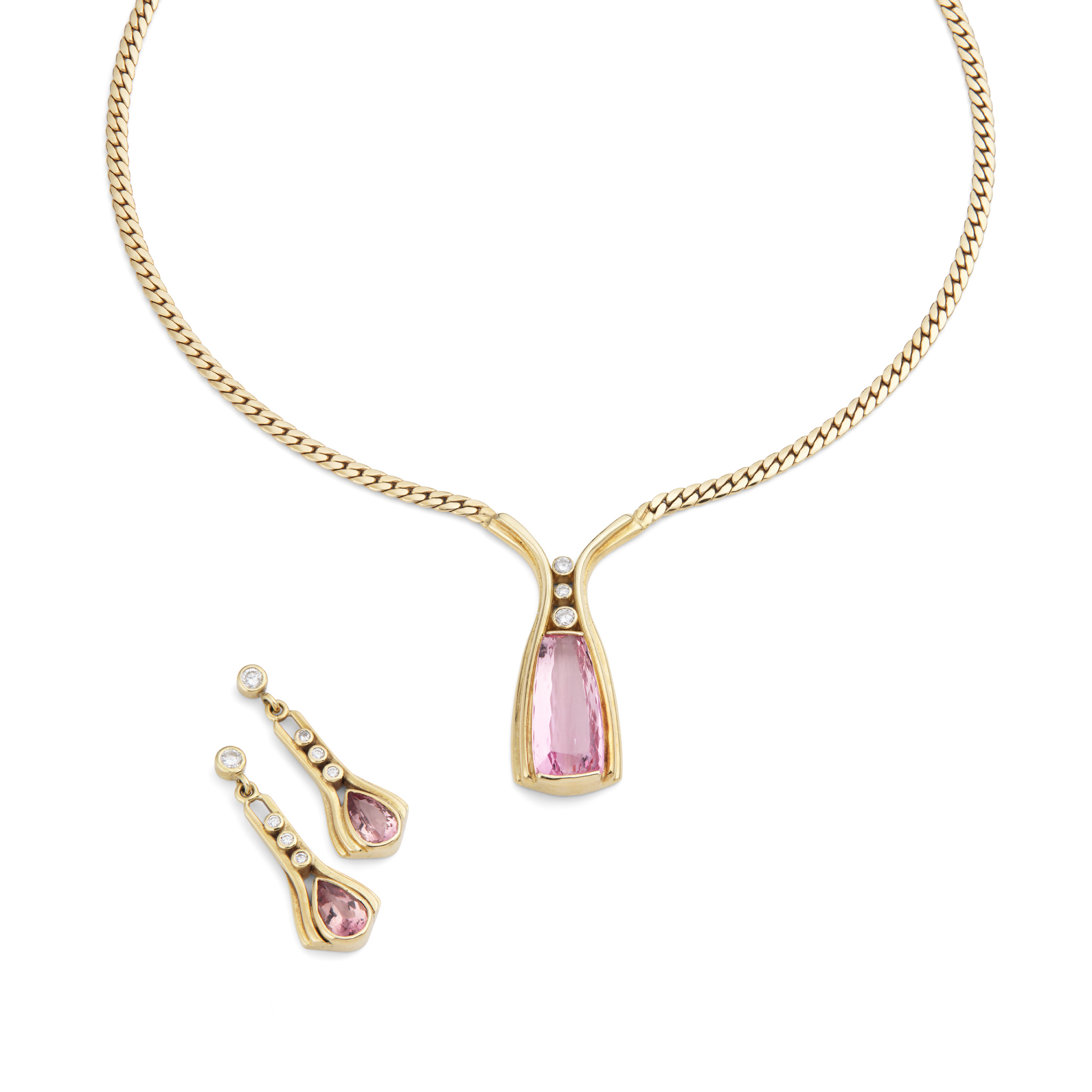 An 18ct gold pink topaz and diamond pendant necklace and matching earrings