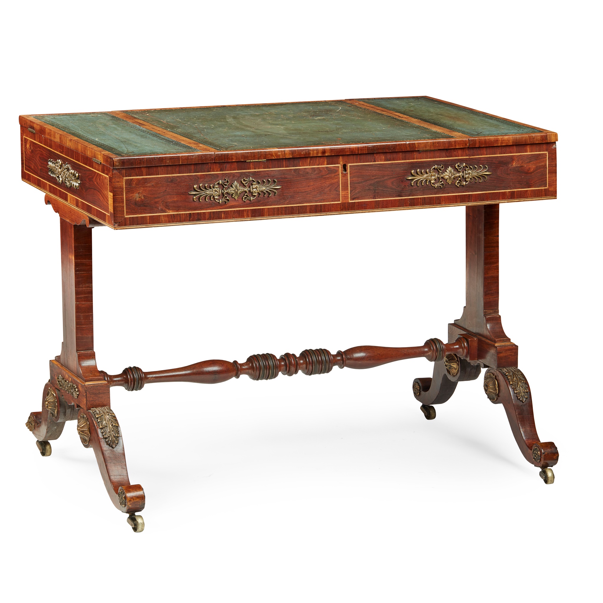REGENCY ROSEWOOD, MAHOGANY AND GILT BRONZE MOUNTED WRITING TABLE