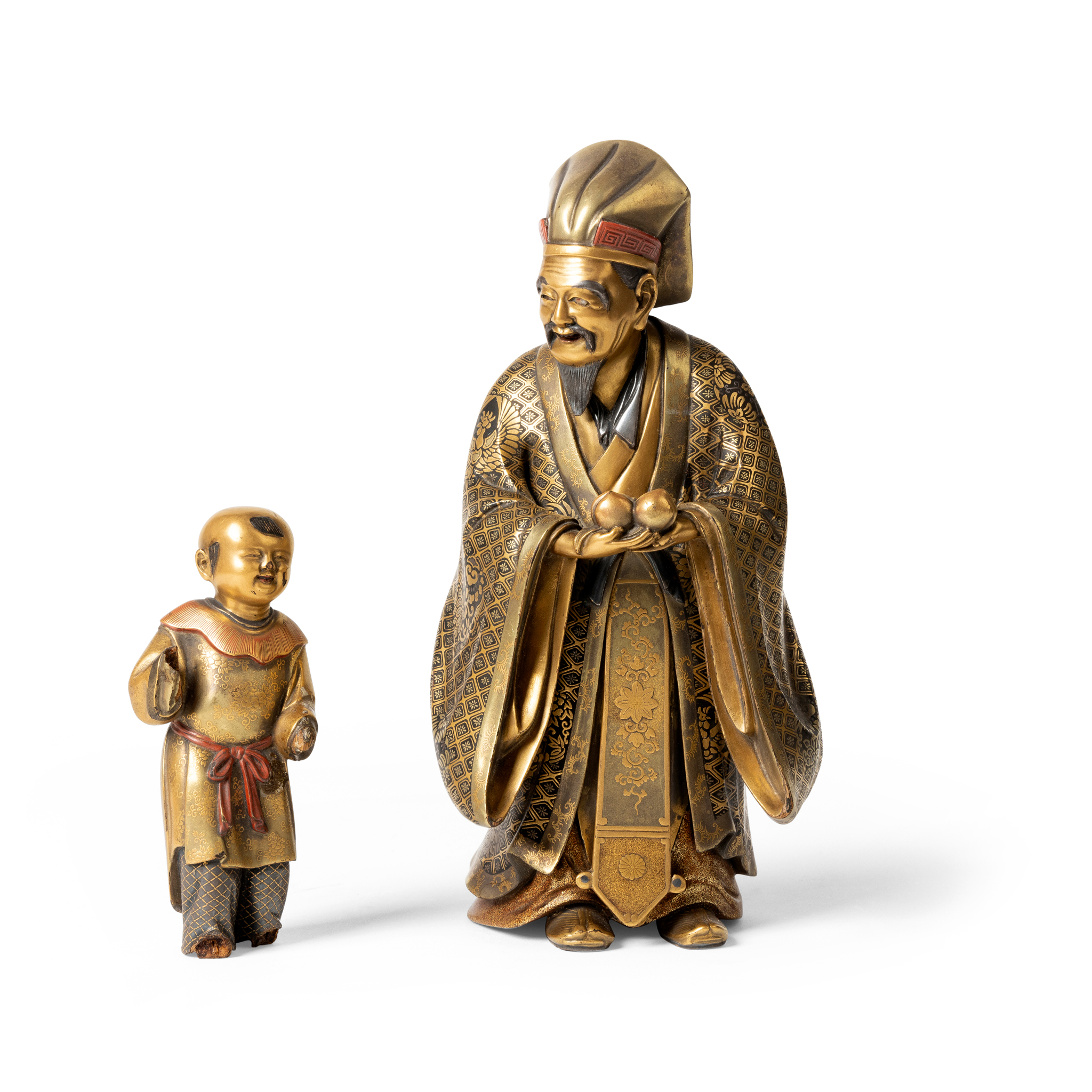 JAPANESE LACQUER OKIMONO FIGURES OF JUROJIN AND A BOY