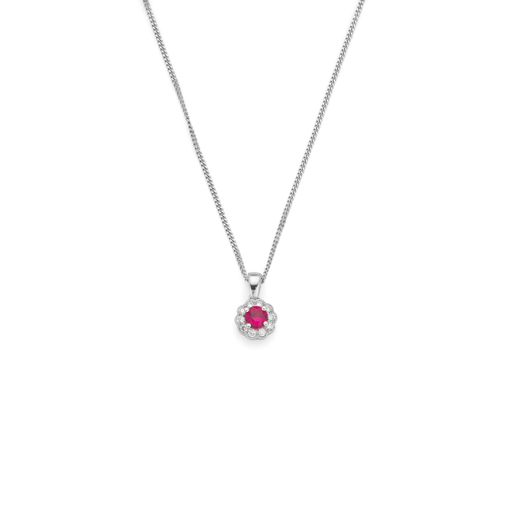 An 18ct white gold ruby and diamond cluster pendant necklace