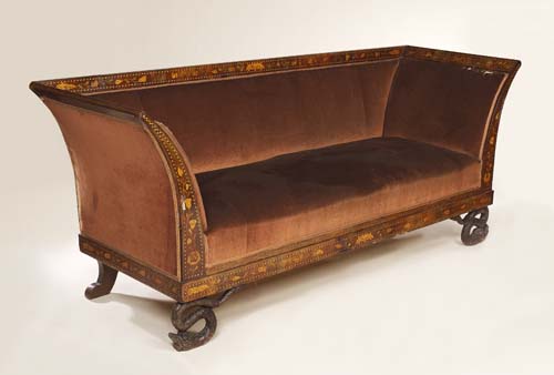 An early 19th century Dutch mahogany and marquetry inlaid sofa,