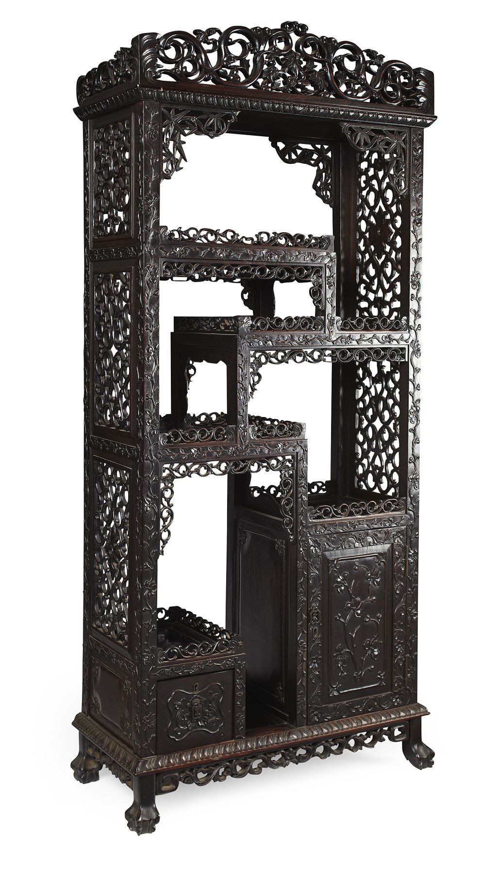 CHINESE CARVED HONGMU DISPLAY CABINET