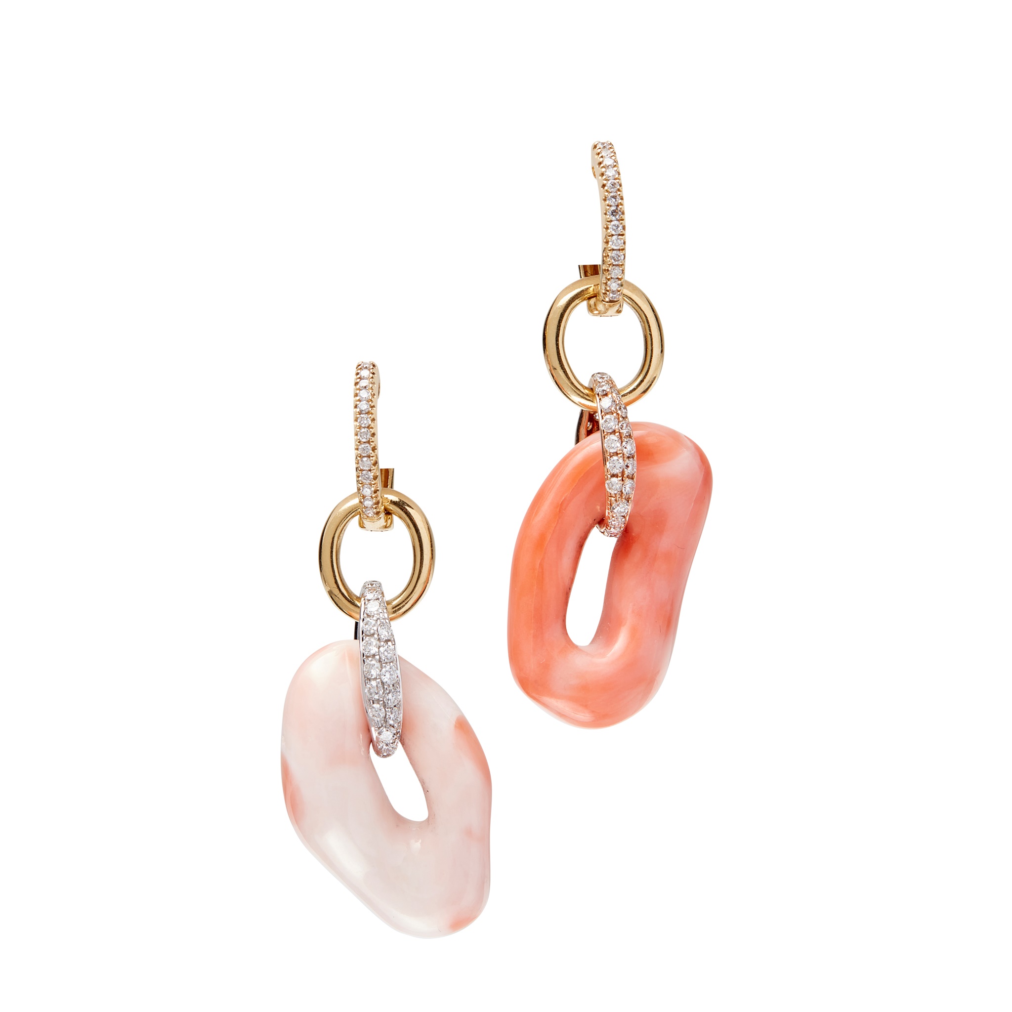 A pair of diamond and coral set pendant earrings