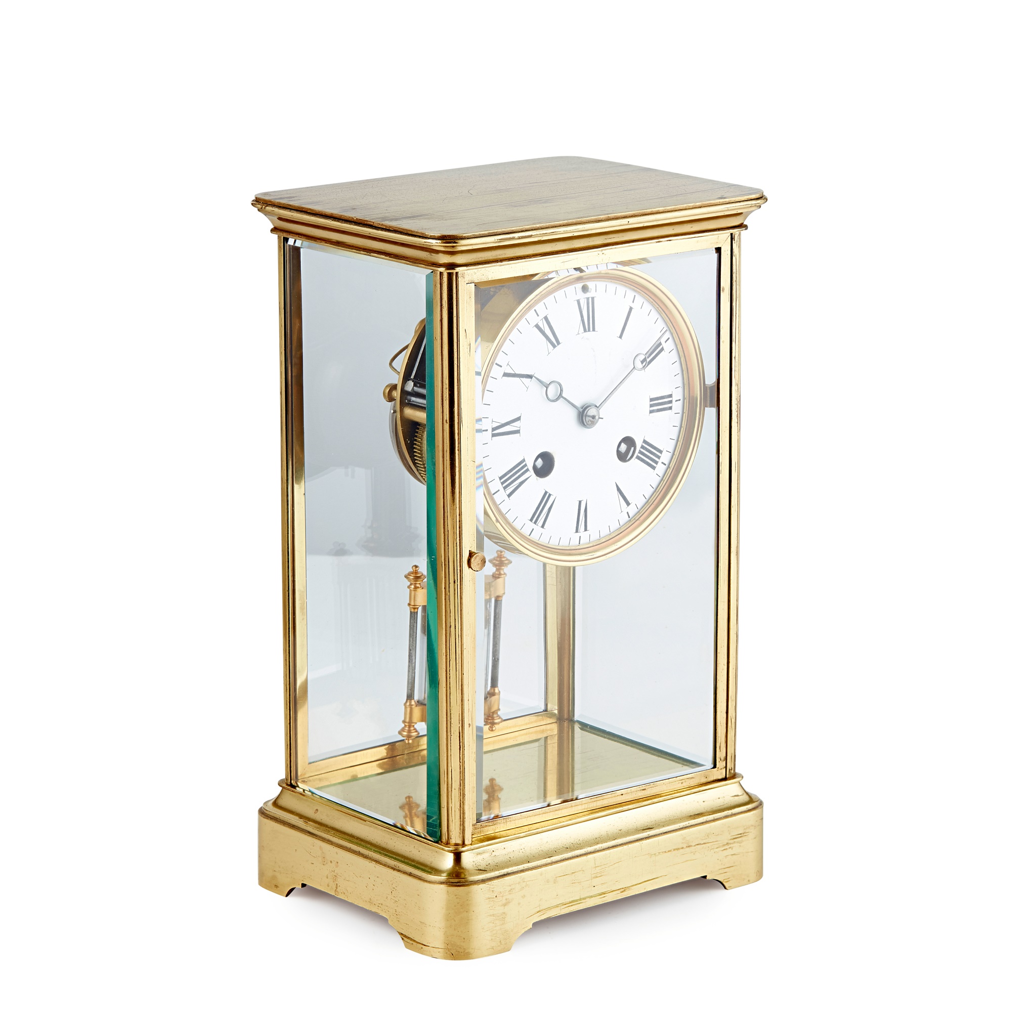FRENCH BRASS FOUR GLASS MANTEL CLOCK, JAPY FRÈRES & CO.