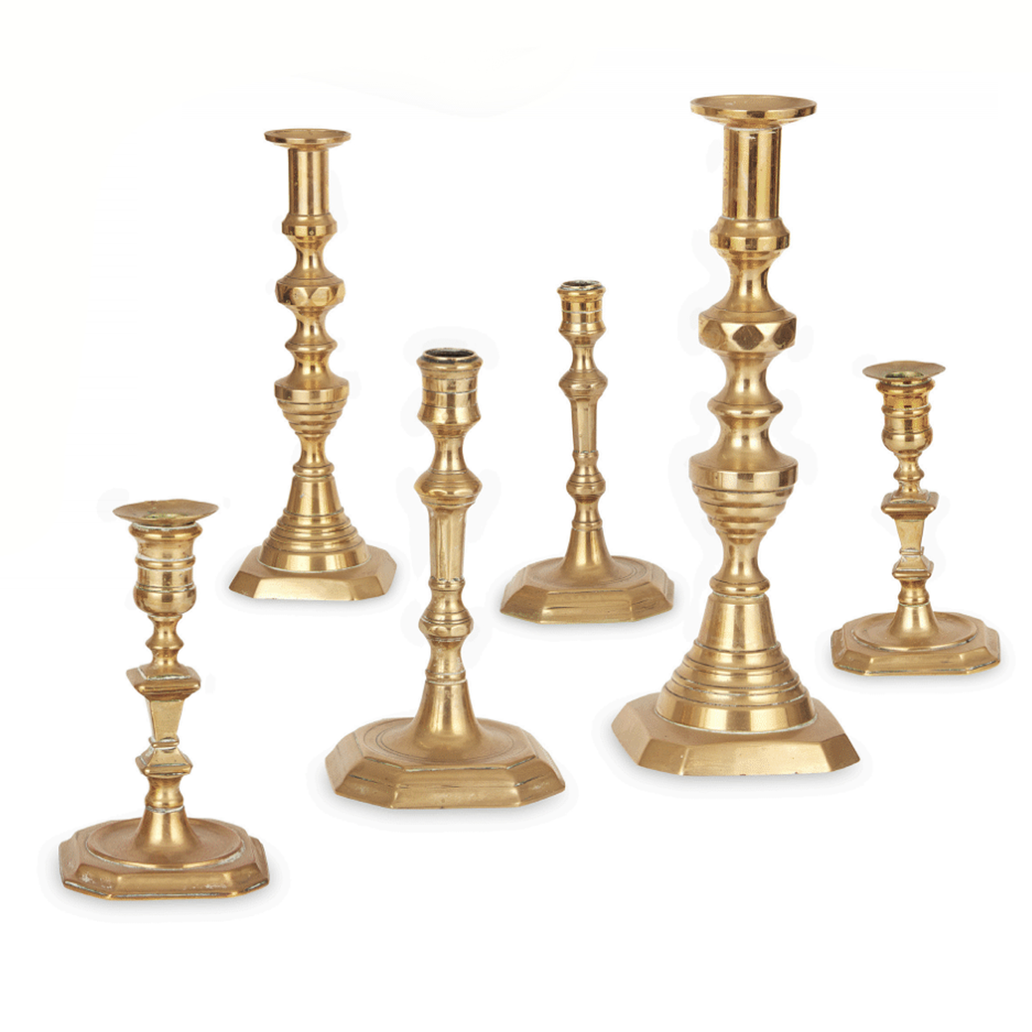 TWO PAIRS OF GEORGIAN BRASS CANDLESTICKS