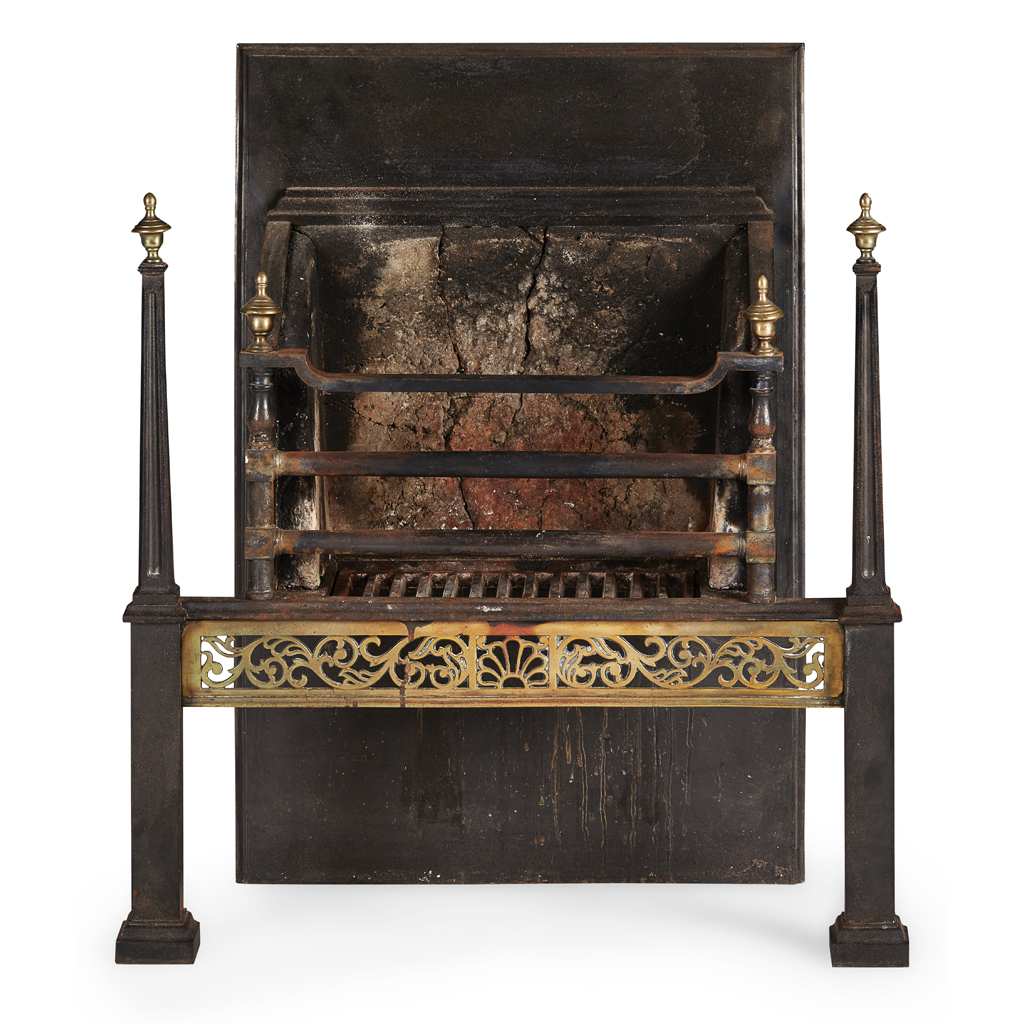 GEORGIAN STYLE STEEL, BRASS, AND CAST IRON FIRE BASKET