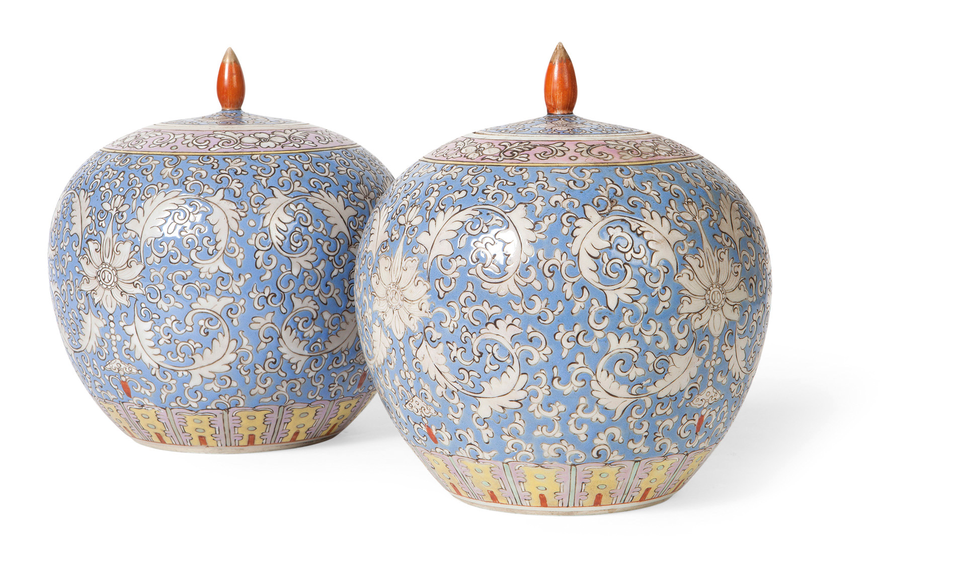 PAIR OF CHINESE FAMILLE ROSE GINGER JARS AND COVERS